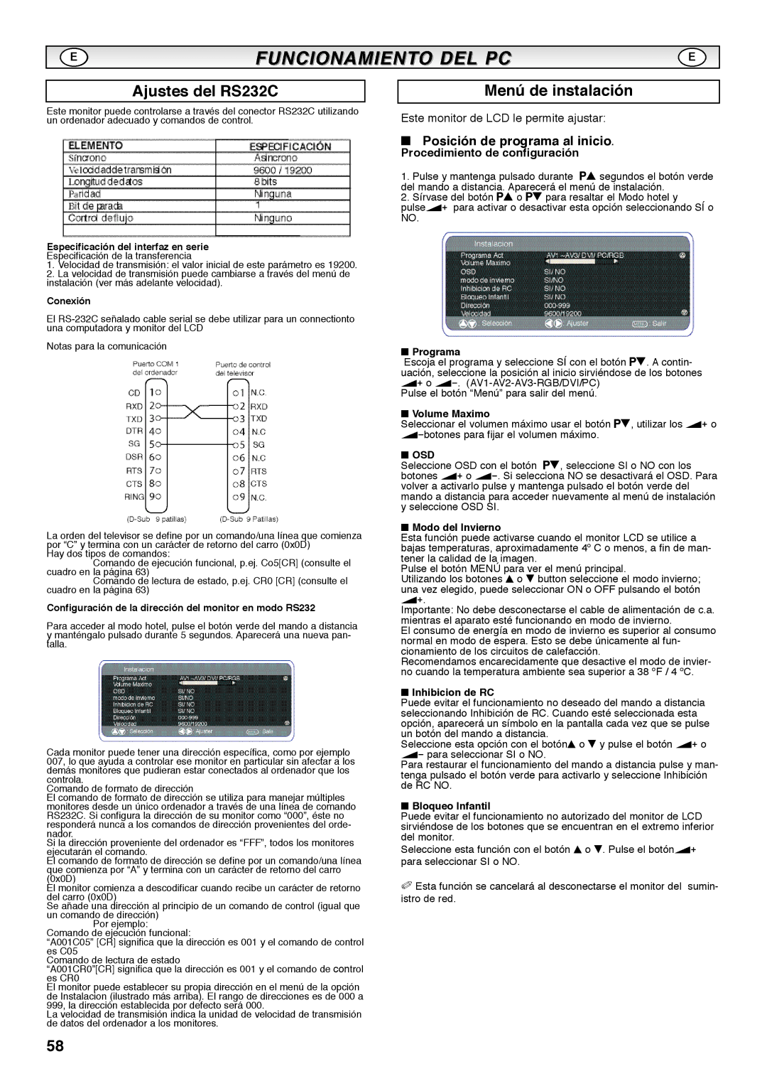 Sanyo CE42SRE1 Ajustes del RS232C, Menú de instalación, Posición de programa al inicio, Procedimiento de configuración 