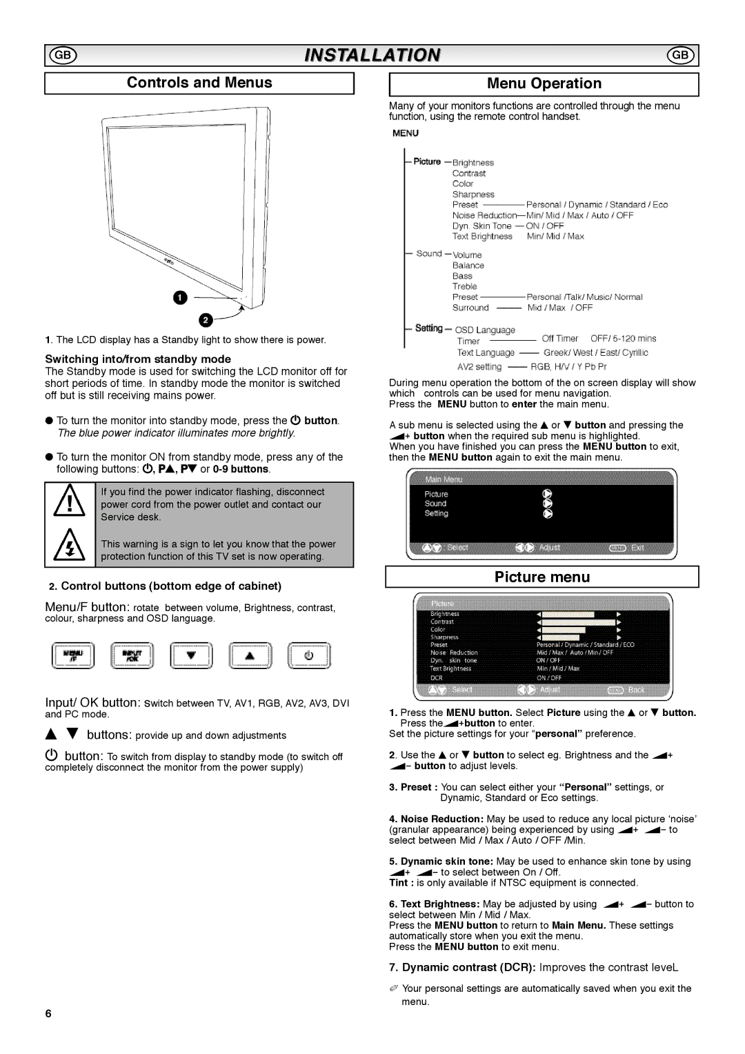 Sanyo CE42SRE1 instruction manual Controls and Menus, Menu Operation, Picture menu, Switching into/from standby mode 