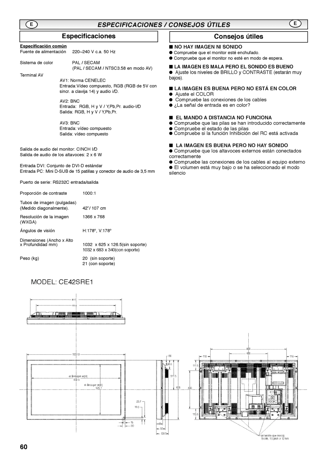 Sanyo CE42SRE1 instruction manual Especificaciones, Consejos útiles, Especificación común 