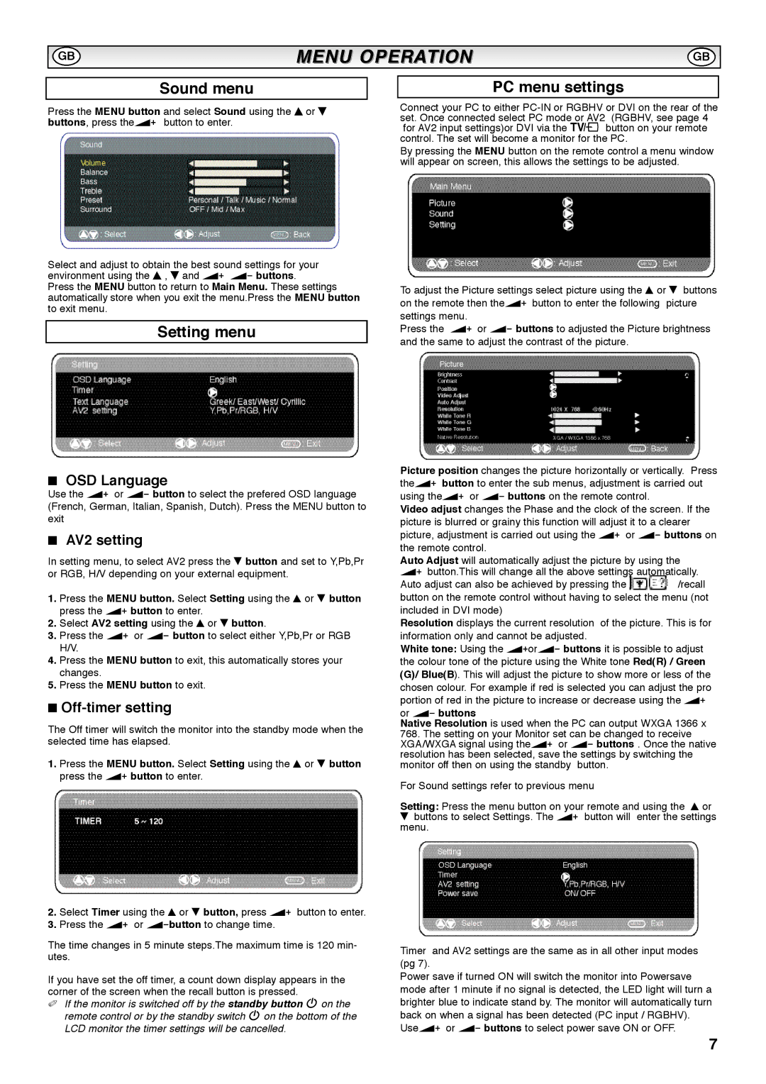 Sanyo CE42SRE1 instruction manual Sound menu, Setting menu, PC menu settings 