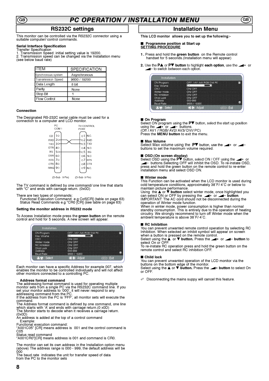 Sanyo CE42SRE1 instruction manual RS232C settings, Installation Menu, Setting Procedure 