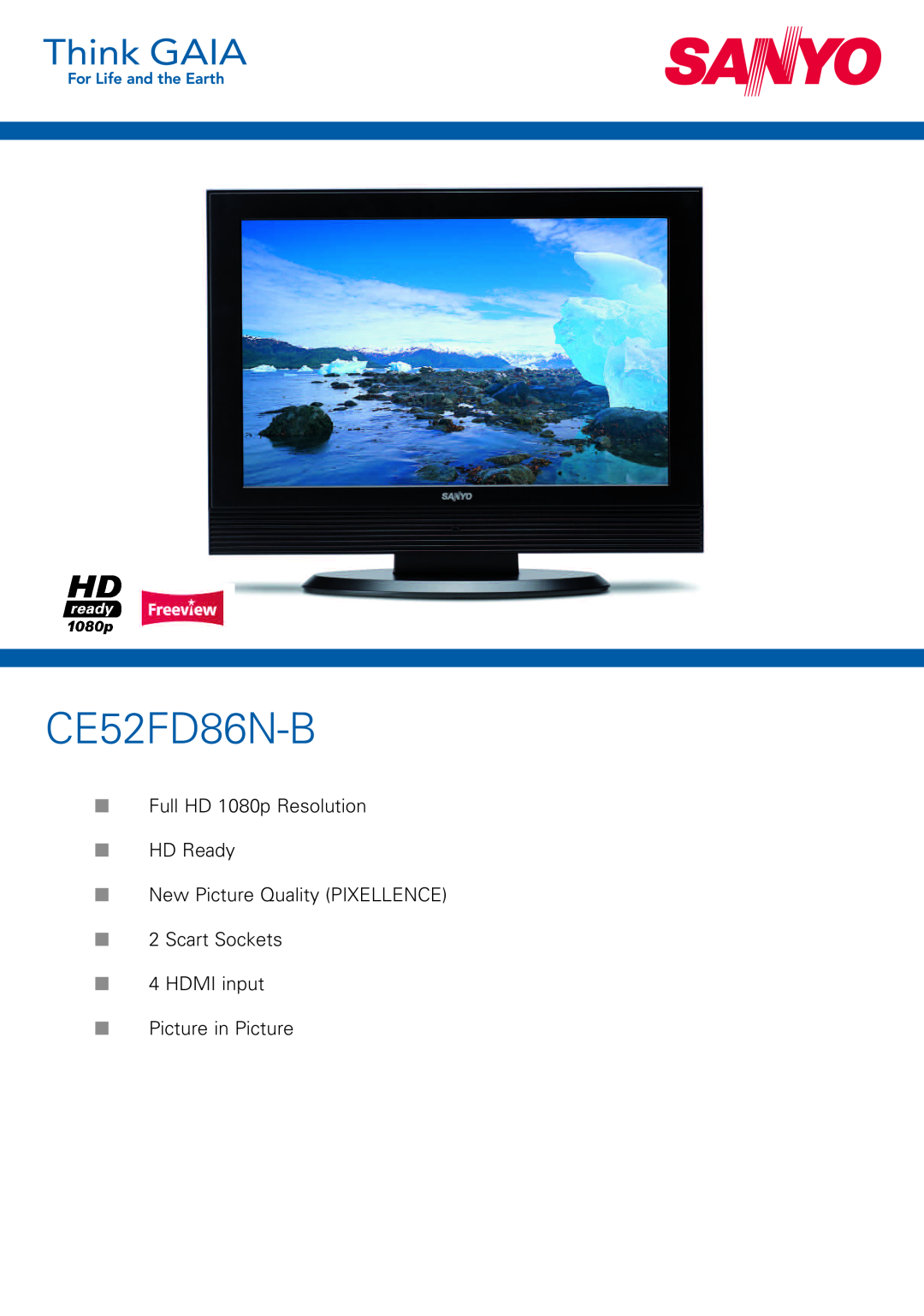 Sanyo CE52FD86N-B manual Full HD 1080p Resolution HD Ready New Picture Quality PIXELLENCE 