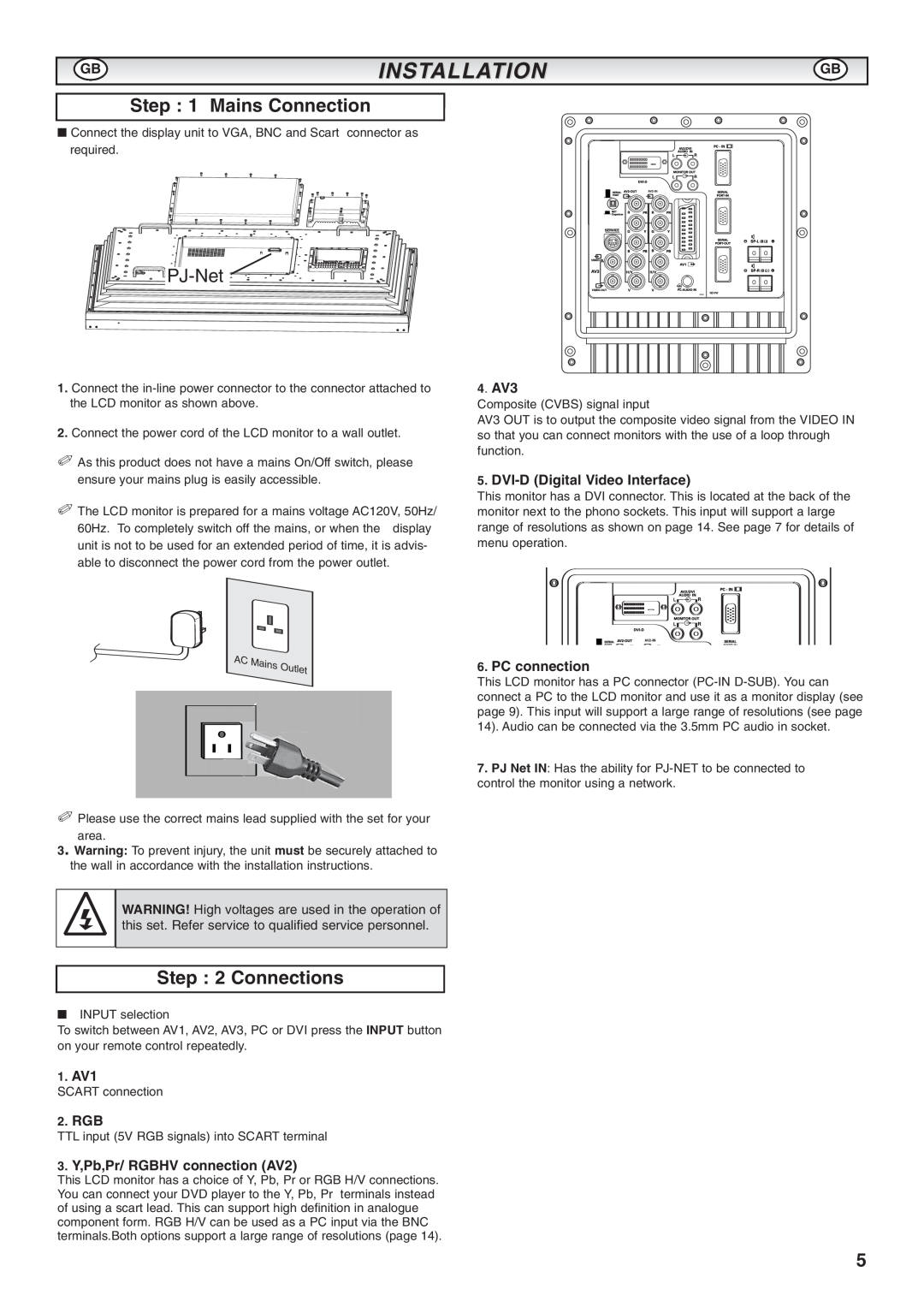 Sanyo CE52LH1R instruction manual Gbinstallation, Mains Connection, Connections, PJ-Net 