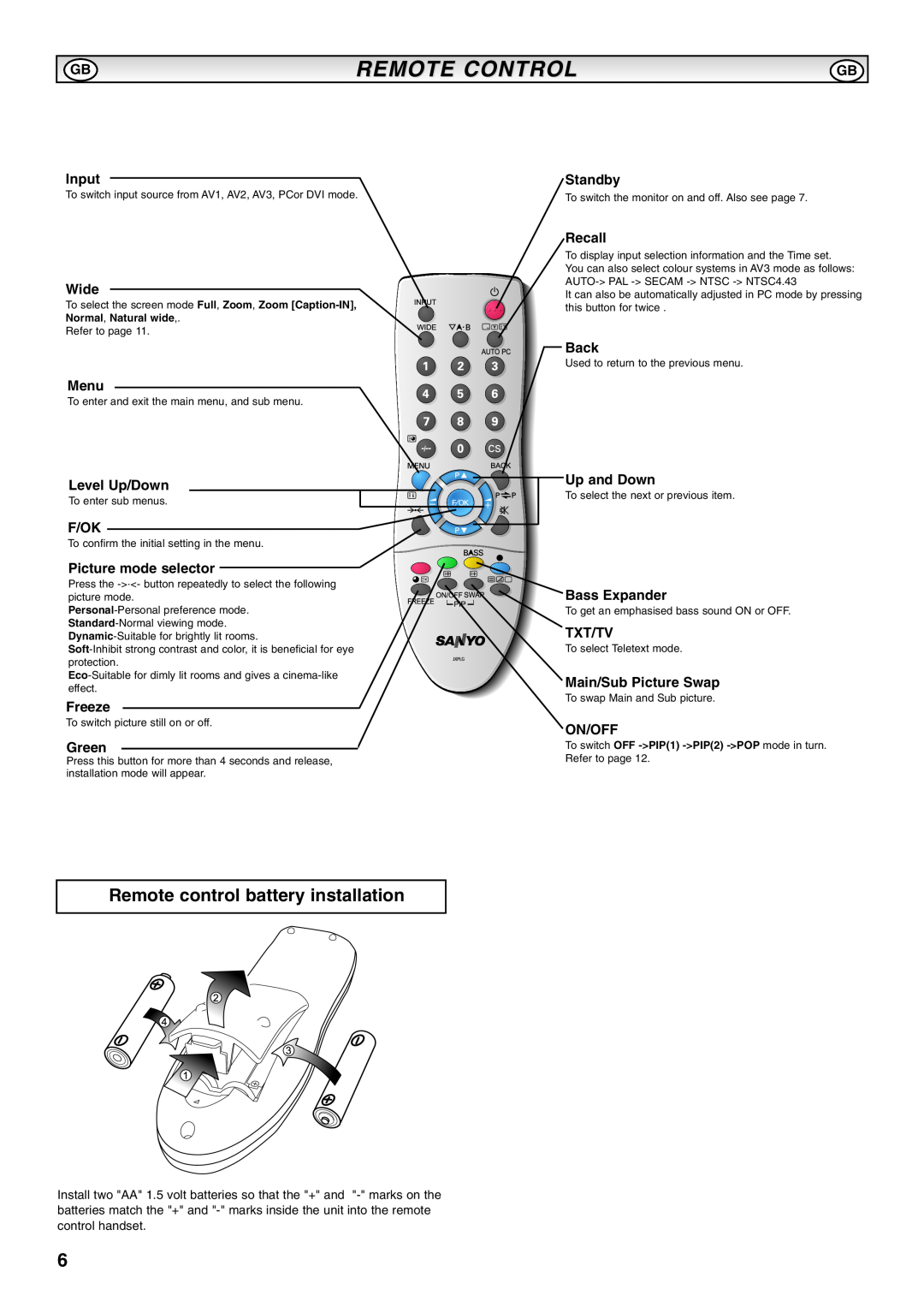 Sanyo CE52LH1R instruction manual Remote Control, Remote control battery installation 
