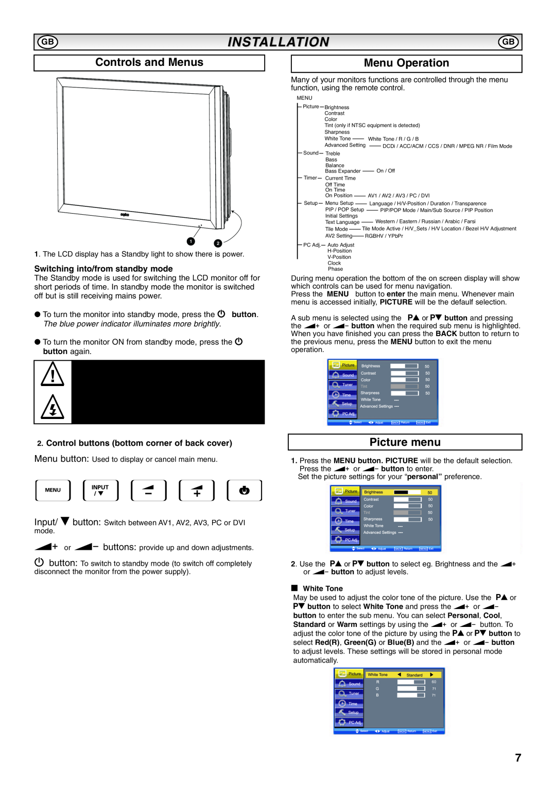 Sanyo CE52LH1R instruction manual Controls and Menus, Menu Operation, Picture menu, Gbinstallation, White Tone 