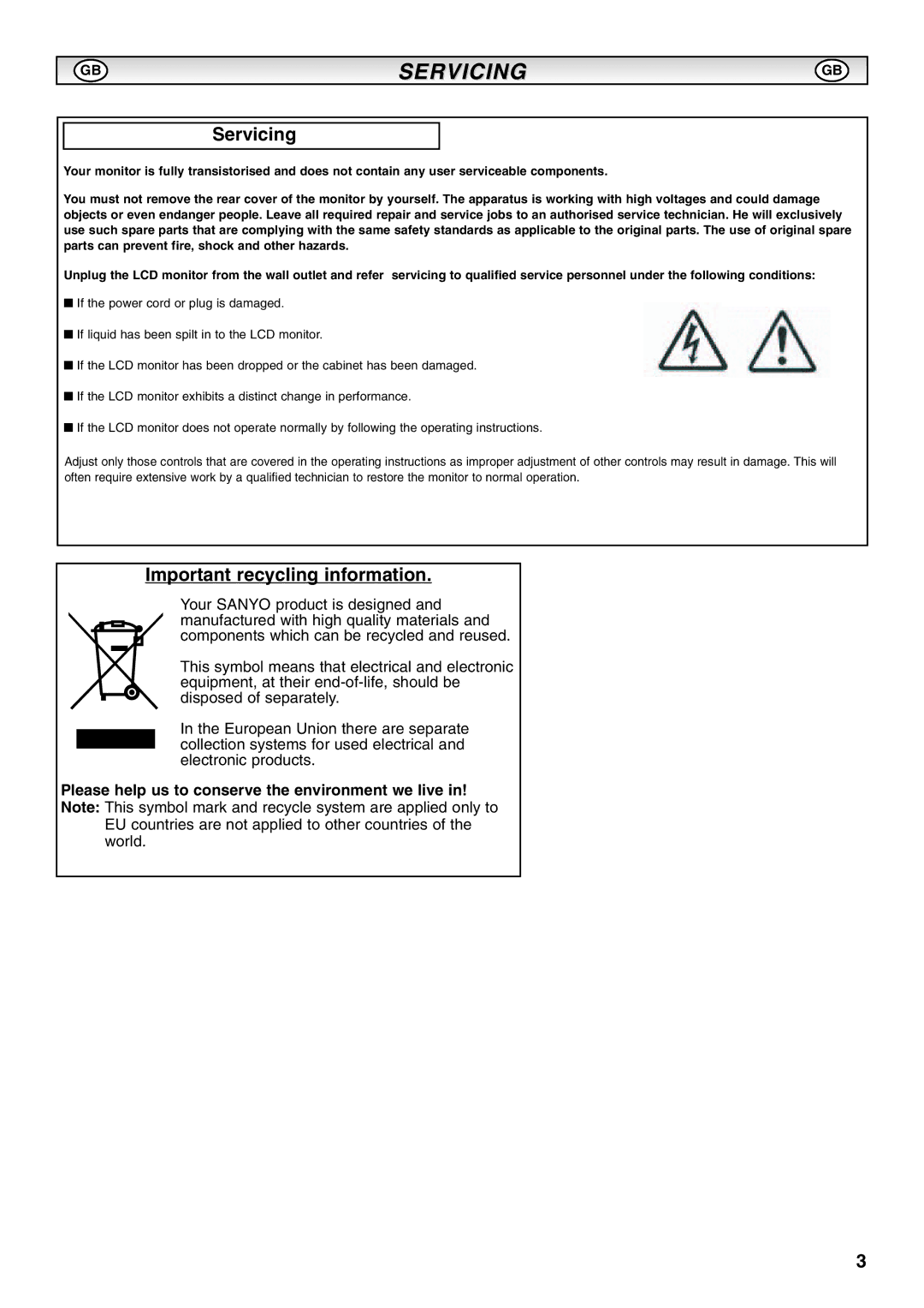 Sanyo CE52LH1R instruction manual Gbservicing, Servicing, Important recycling information 