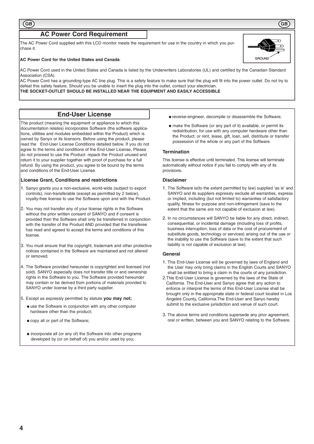 Sanyo CE52LH1R instruction manual AC Power Cord Requirement, End-User License 