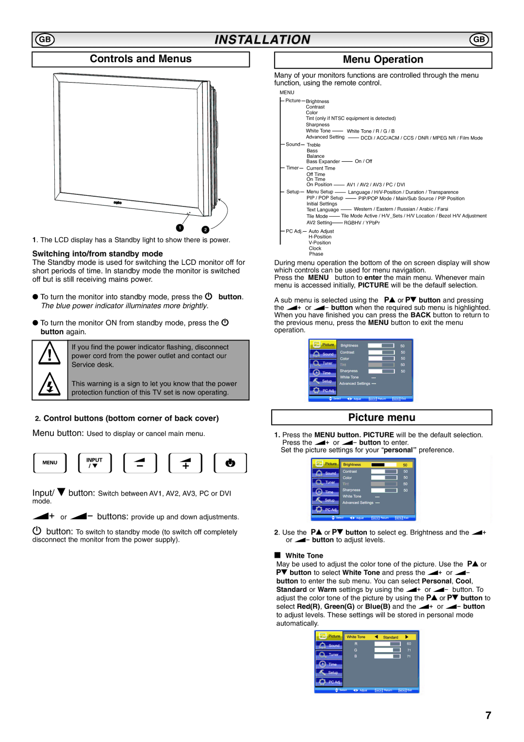 Sanyo CE52LH1R instruction manual Controls and Menus, Menu Operation, Picture menu, Switching into/from standby mode 