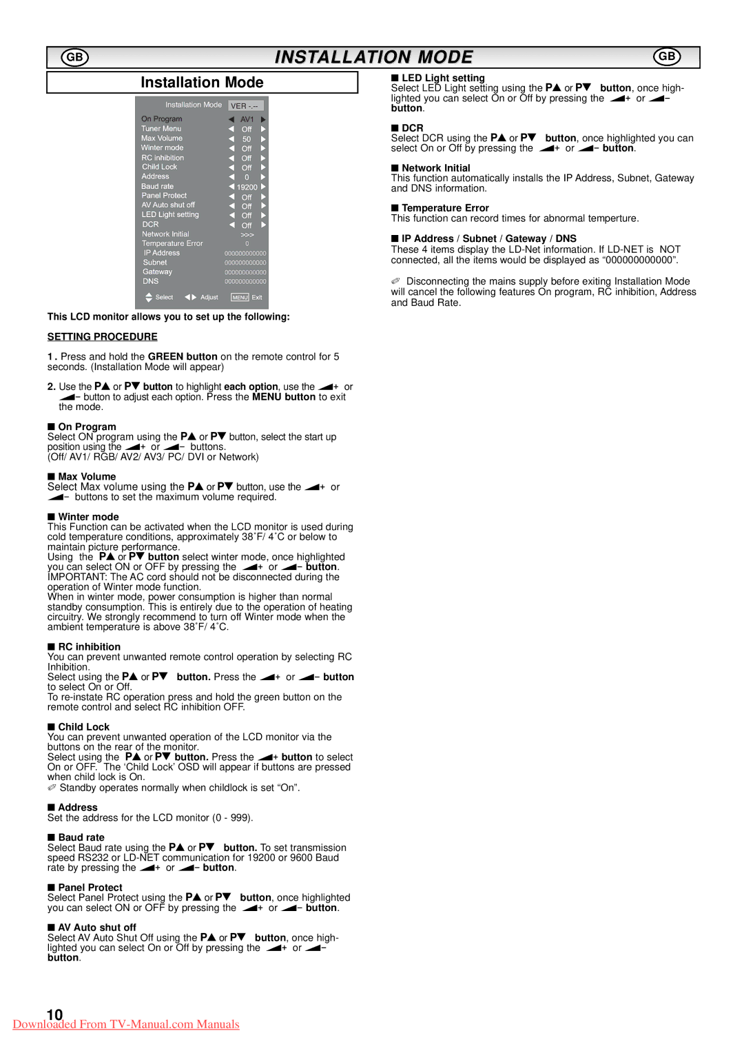 Sanyo CE52LH1WP instruction manual Installation Mode, Setting Procedure, Dcr 