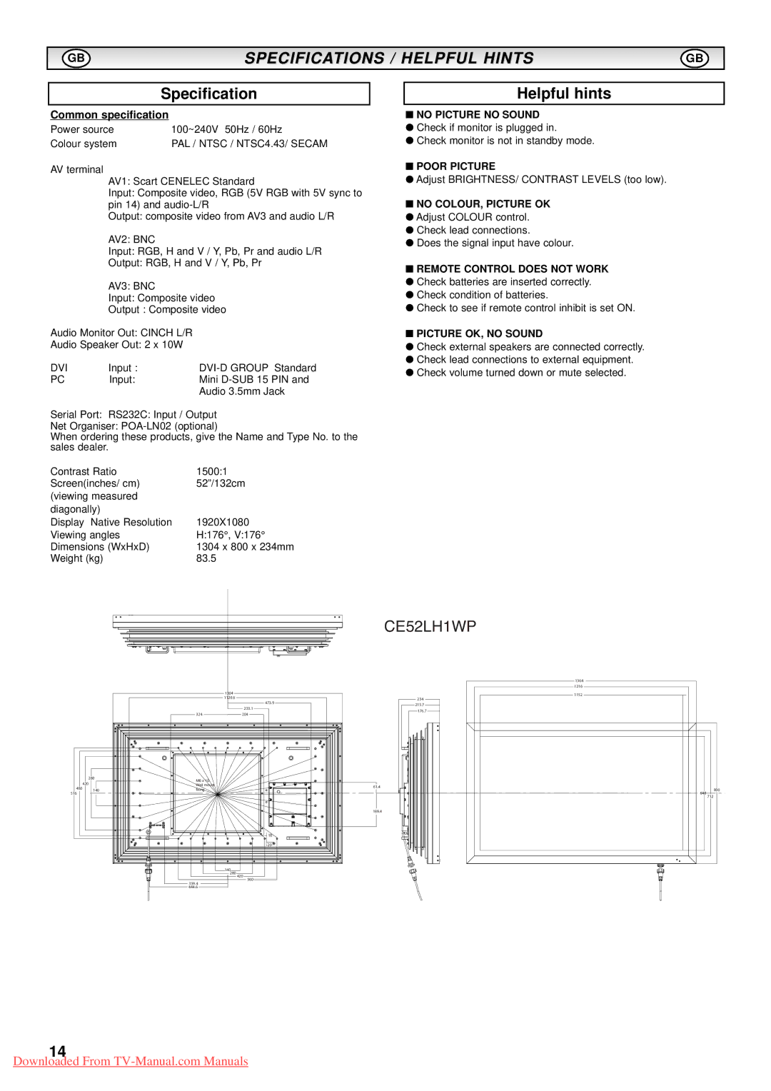 Sanyo CE52LH1WP instruction manual Specification, Helpful hints 