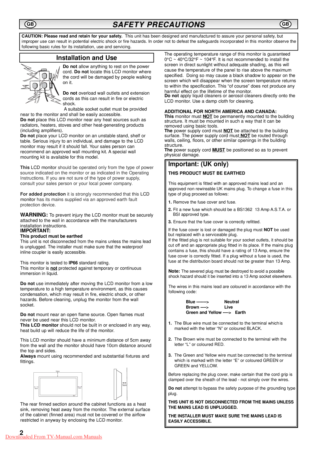 Sanyo CE52LH1WP Safety Precautions, Installation and Use, Important UK only, Additional for North America and Canada 