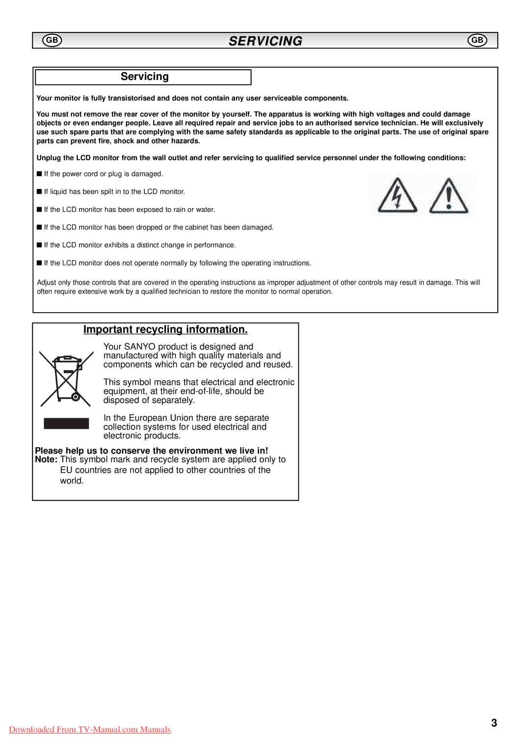 Sanyo CE52LH1WP instruction manual Servicing, Important recycling information 