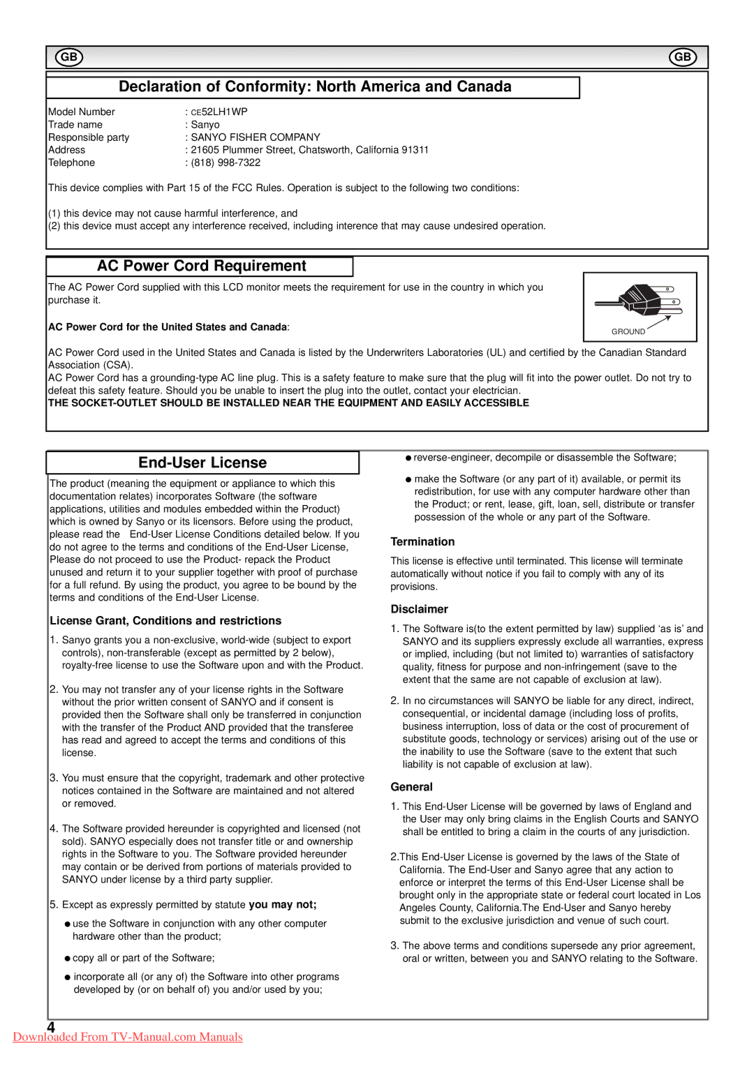 Sanyo CE52LH1WP Declaration of Conformity North America and Canada, AC Power Cord Requirement, End-User License 