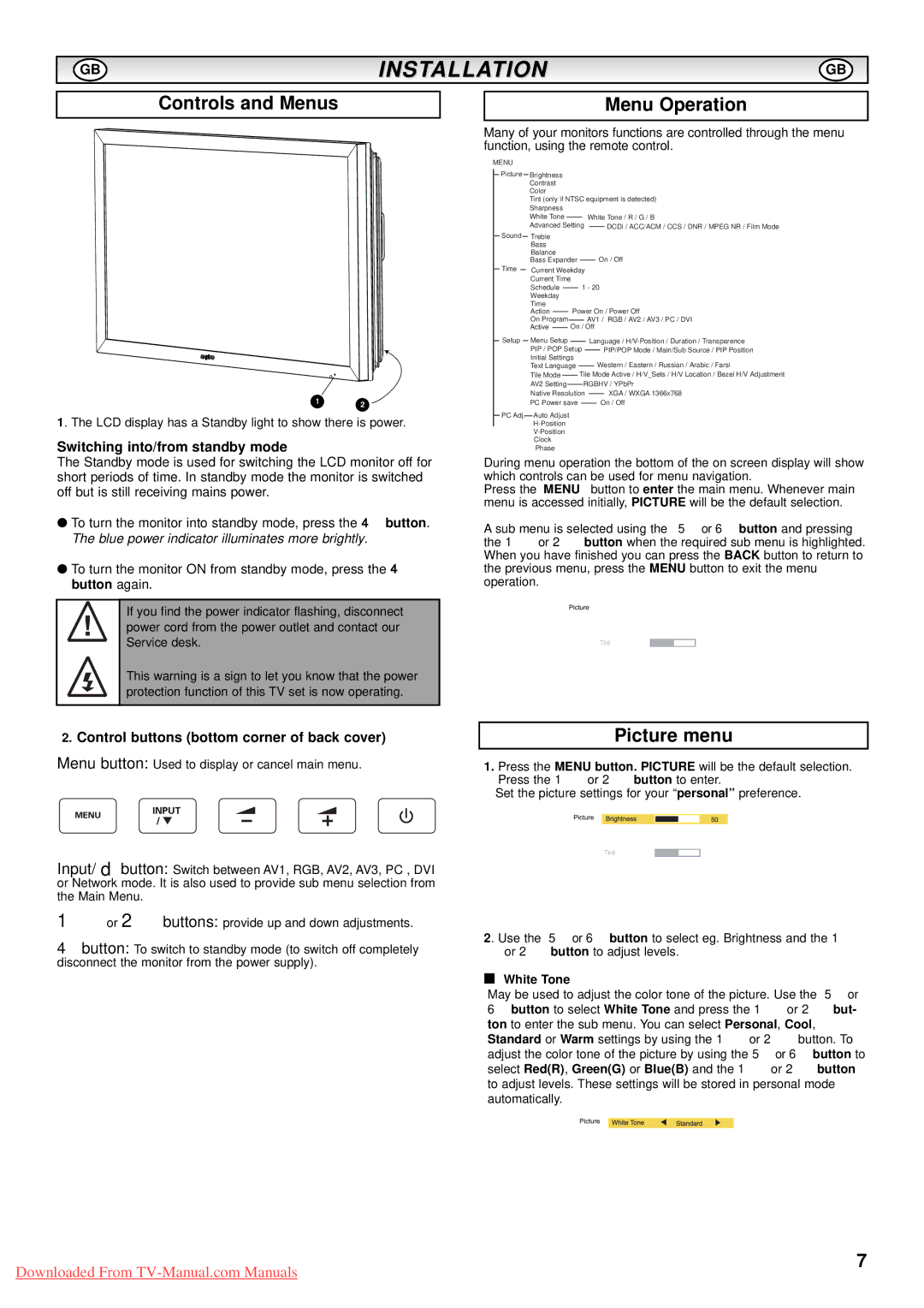 Sanyo CE52LH1WP instruction manual Controls and Menus, Menu Operation, Picture menu, Switching into/from standby mode 