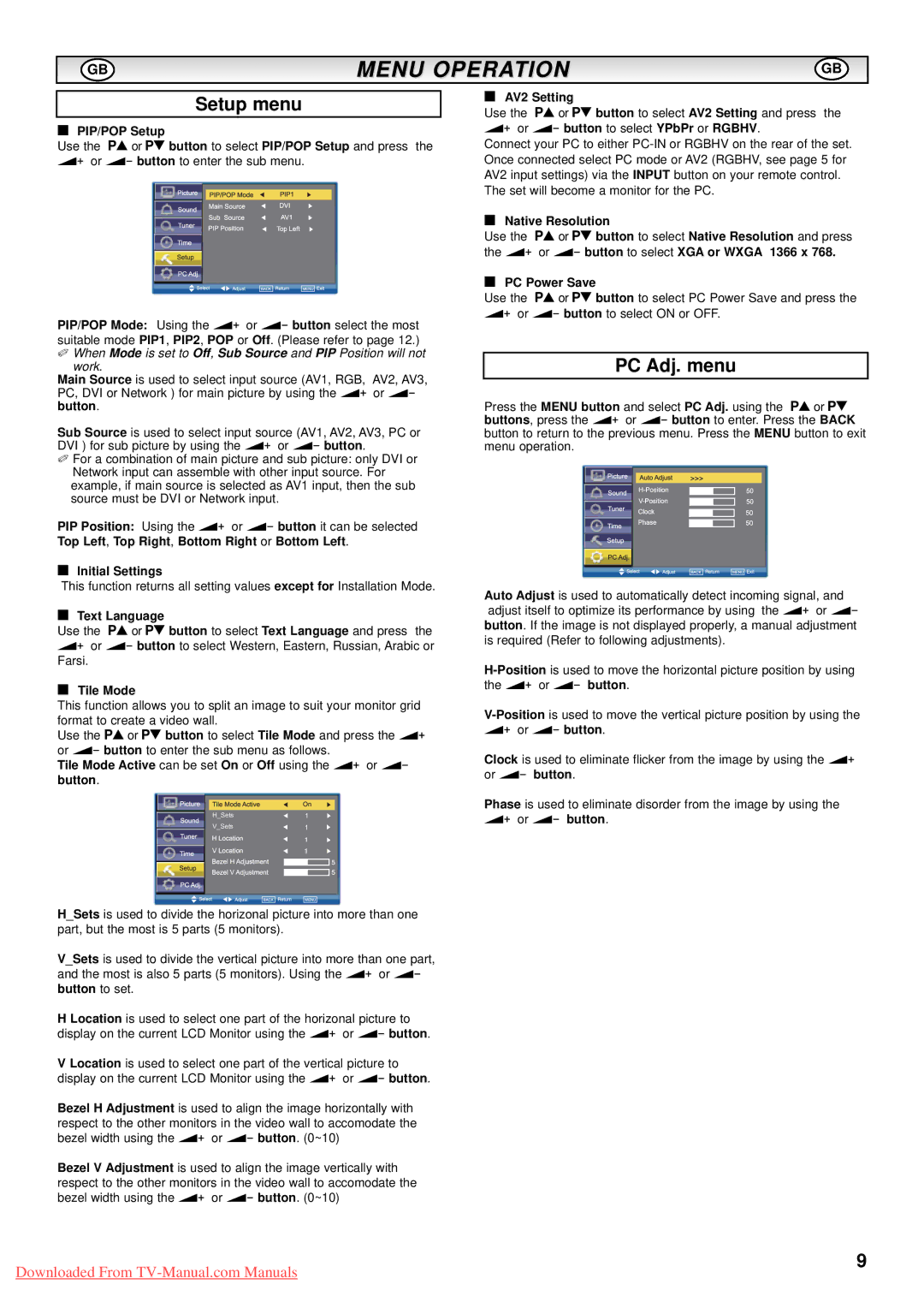 Sanyo CE52LH1WP instruction manual PC Adj. menu 