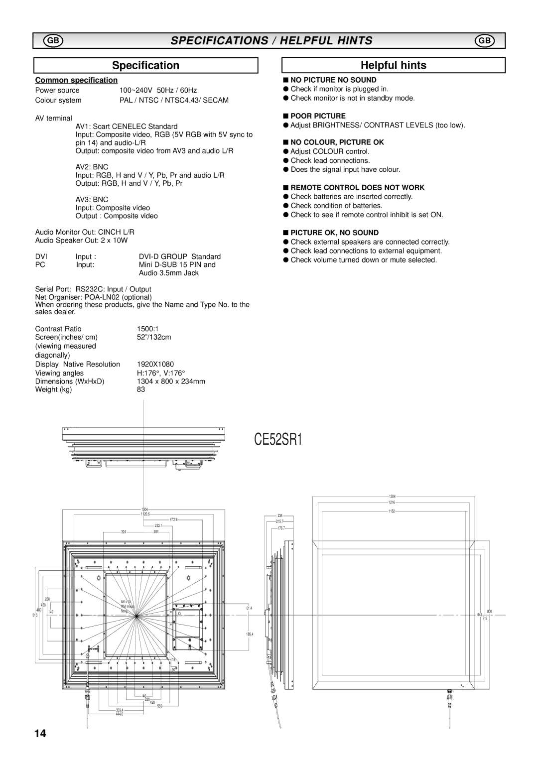 Sanyo CE52SR1 instruction manual Specification Helpful hints 