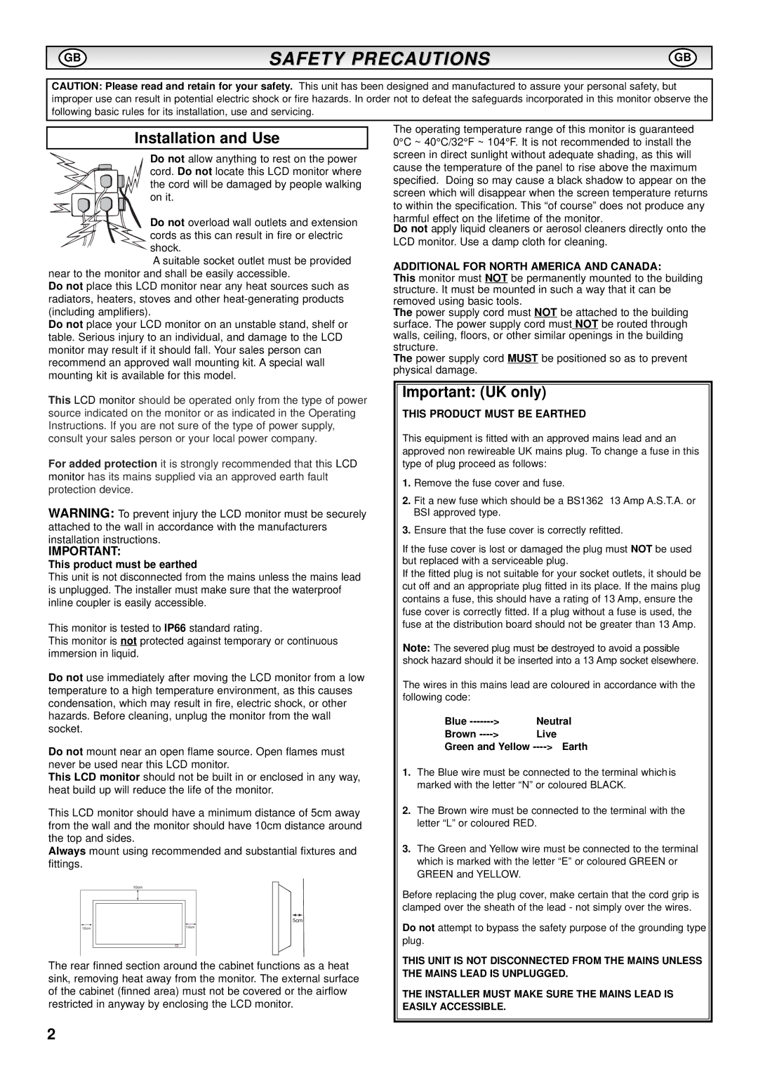 Sanyo CE52SR1 Safety Precautions, Installation and Use, Important UK only, Additional for North America and Canada 