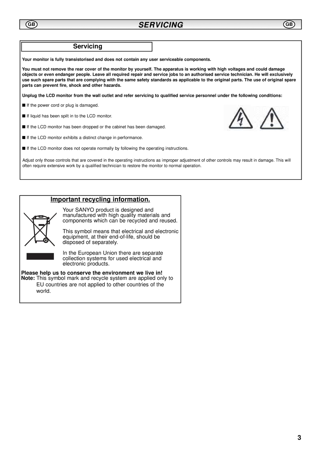 Sanyo CE52SR1 instruction manual Servicing, Important recycling information 