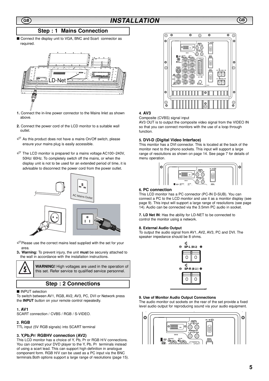 Sanyo CE52SR1 instruction manual Installation, Mains Connection, Connections 