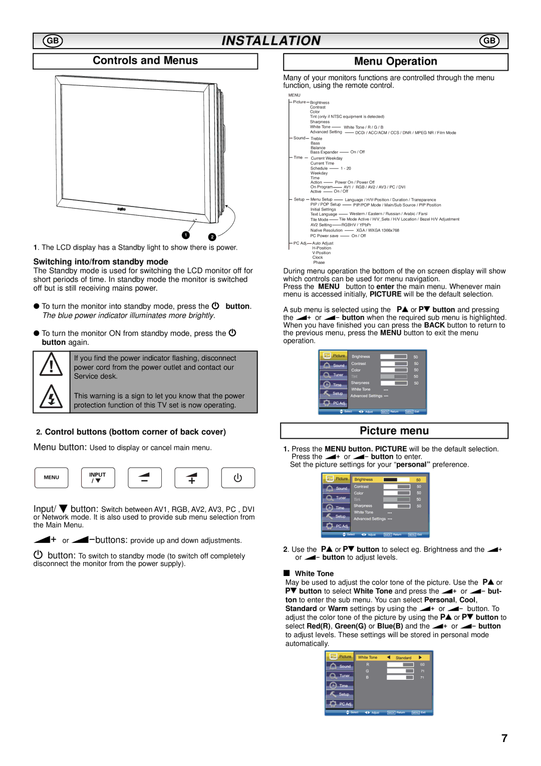 Sanyo CE52SR1 instruction manual Controls and Menus, Menu Operation, Picture menu, Switching into/from standby mode 