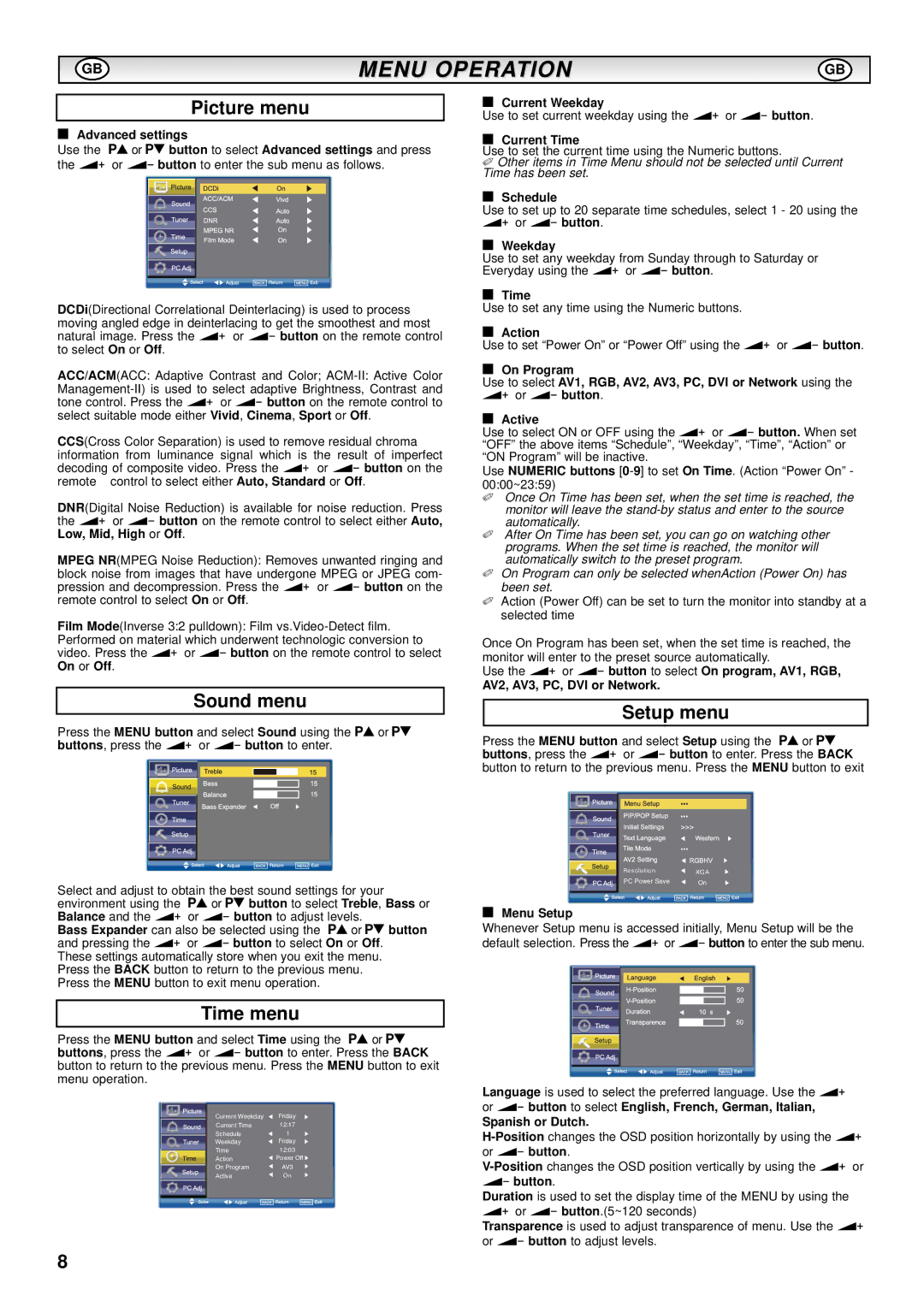 Sanyo CE52SR1 instruction manual Menu Operation, Sound menu, Time menu, Setup menu 