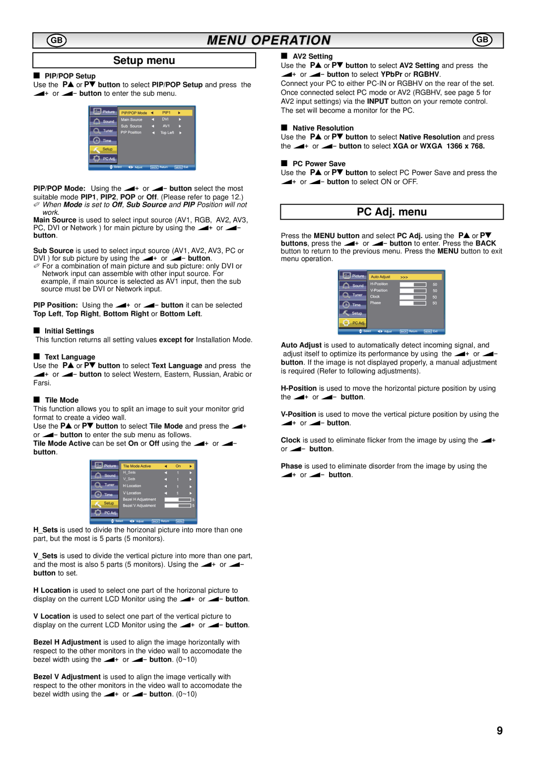 Sanyo CE52SR1 instruction manual PC Adj. menu 