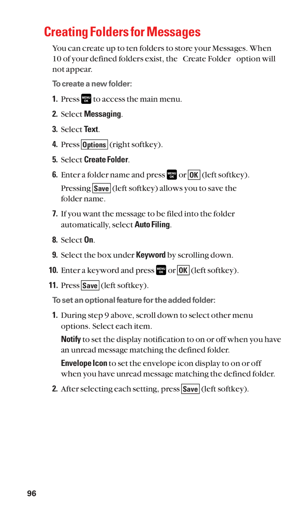 Sanyo Cell Phone manual Creating Folders for Messages, Select Create Folder 