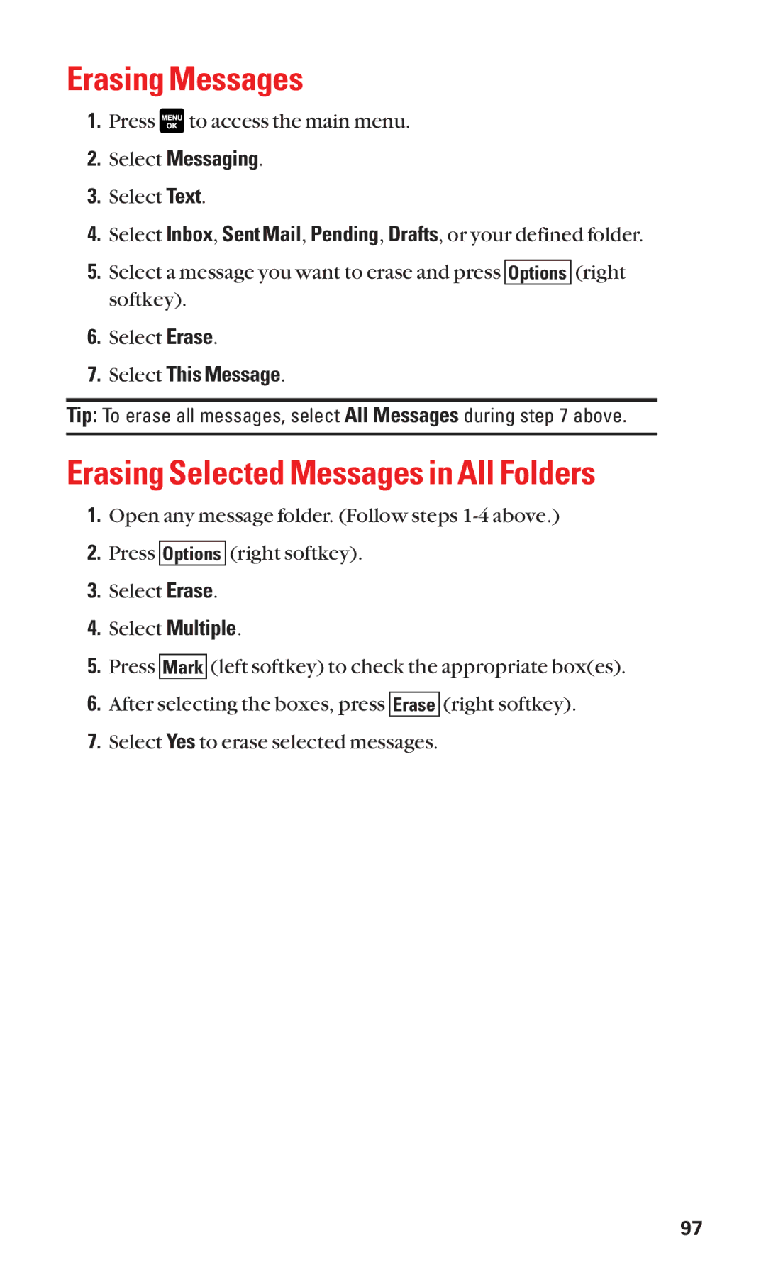 Sanyo Cell Phone manual Erasing Messages, Erasing Selected Messages in All Folders, Select This Message 