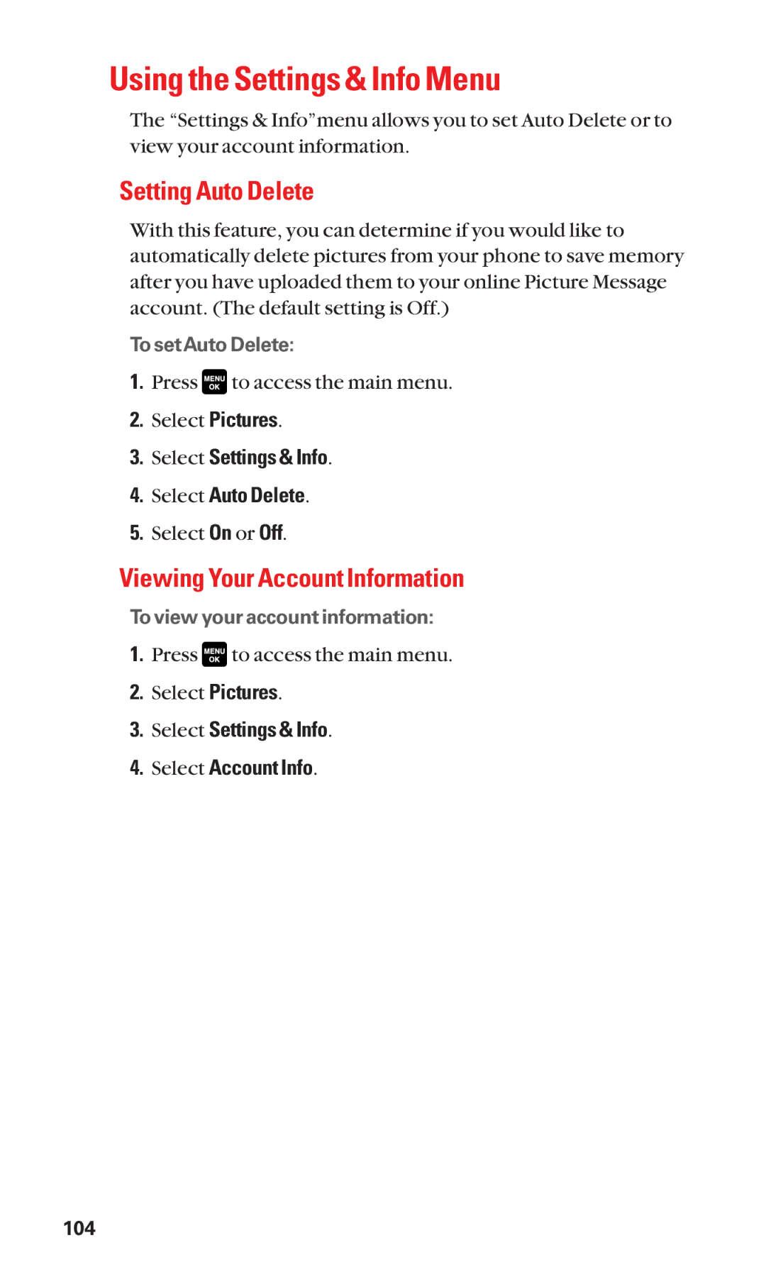 Sanyo Cell Phone manual Using the Settings & Info Menu, Setting Auto Delete, Viewing Your Account Information 