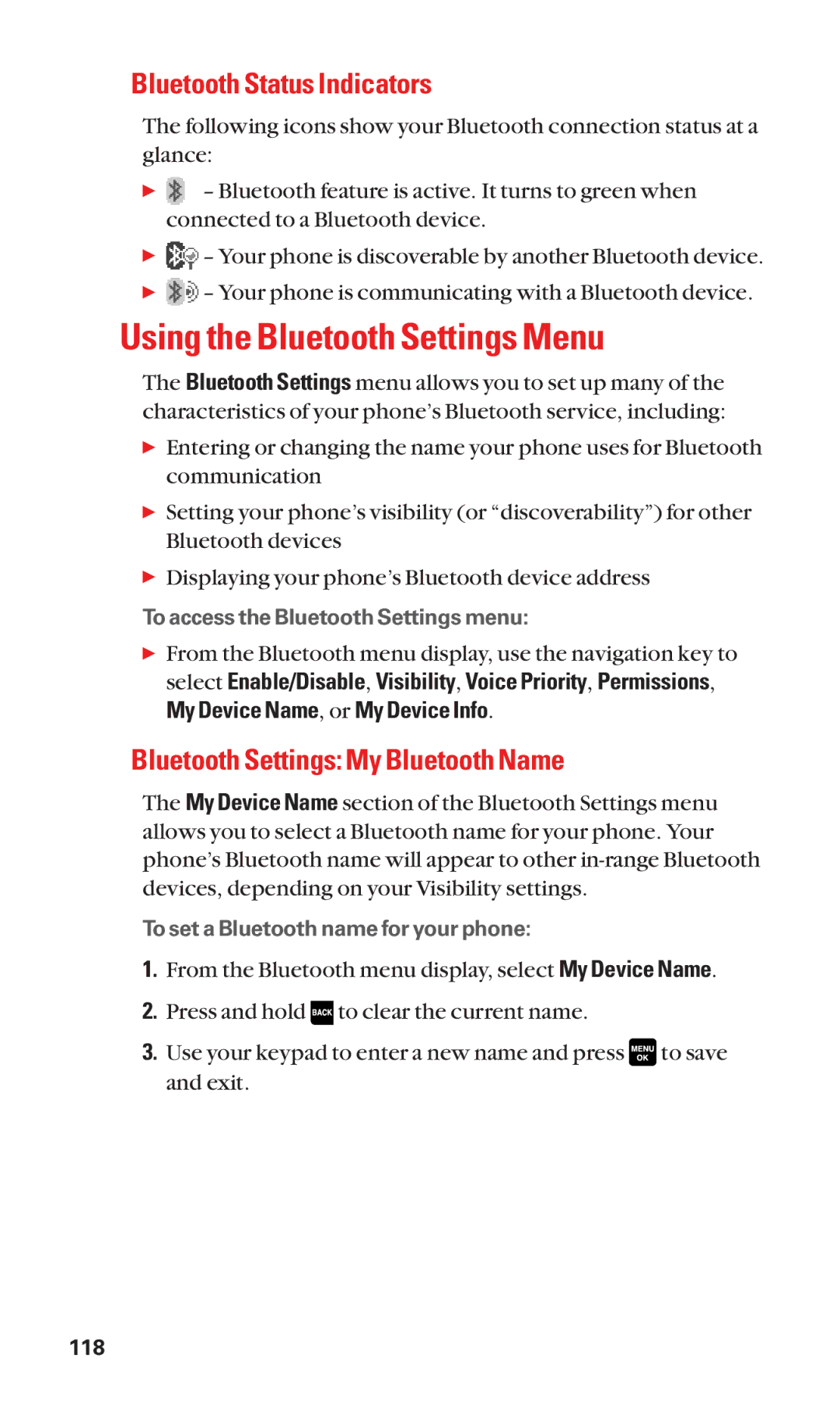 Sanyo Cell Phone Using the Bluetooth Settings Menu, Bluetooth Status Indicators, Bluetooth Settings My Bluetooth Name 