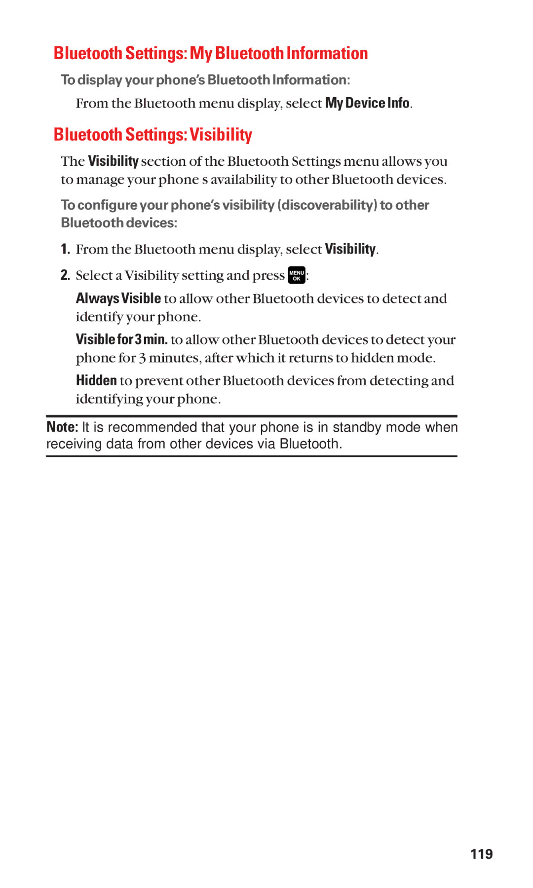 Sanyo Cell Phone manual Bluetooth Settings My Bluetooth Information, Bluetooth Settings Visibility 