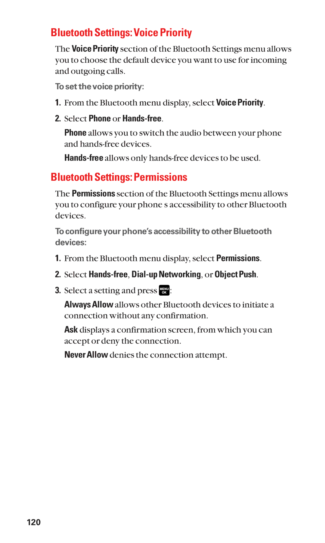 Sanyo Cell Phone manual Bluetooth Settings Voice Priority, Bluetooth Settings Permissions, Select Phone or Hands-free 