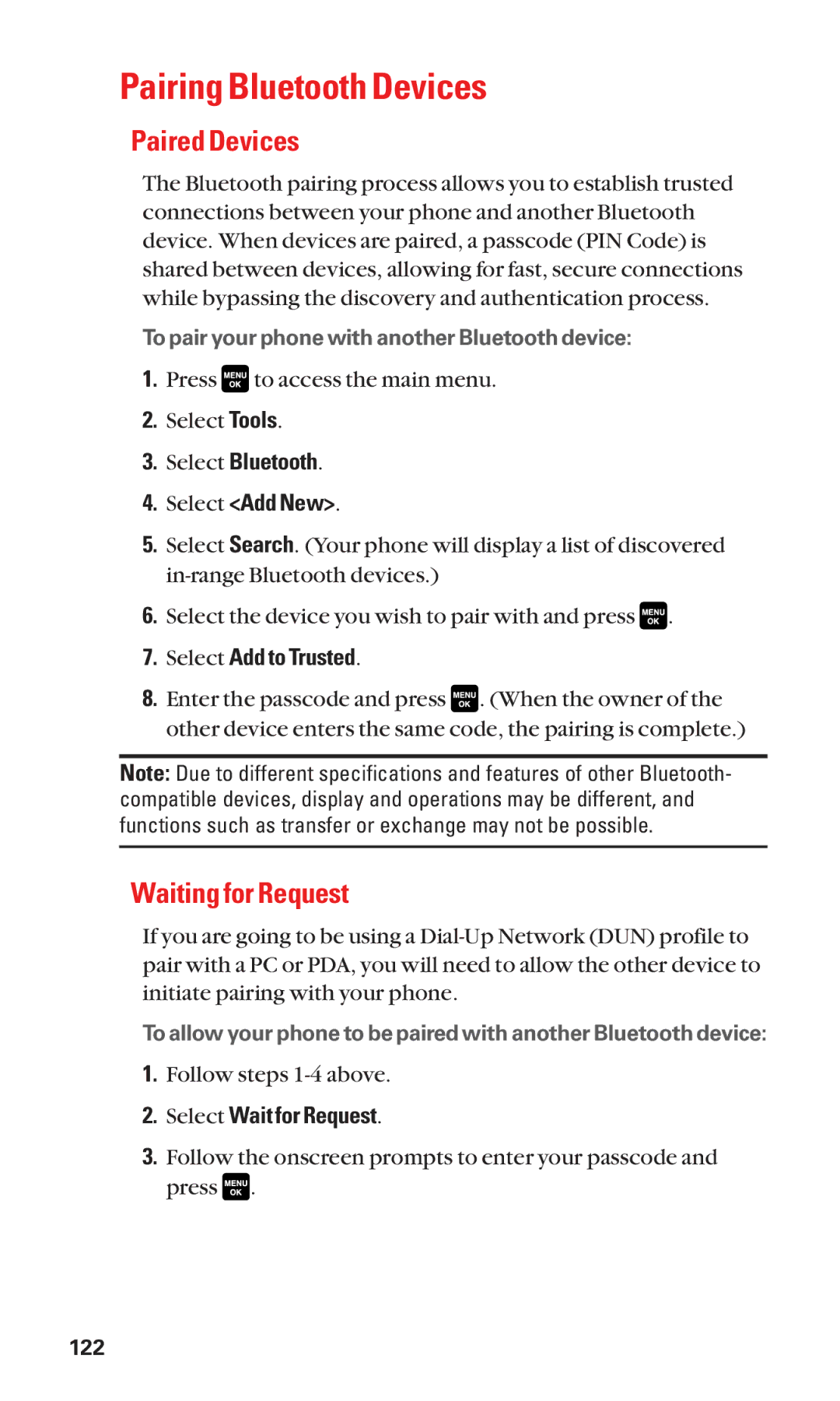 Sanyo Cell Phone manual Pairing Bluetooth Devices, Paired Devices, Waiting for Request 