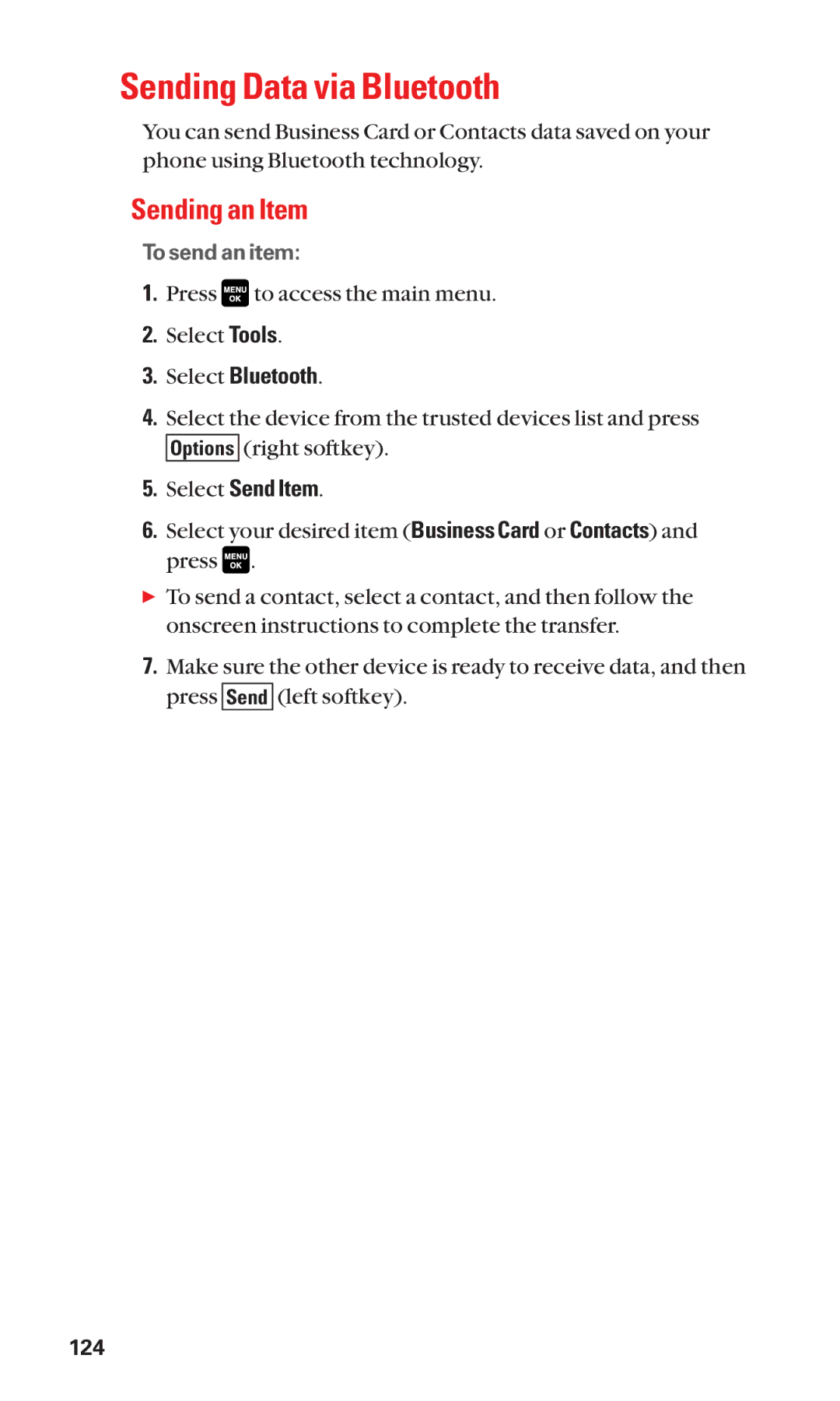 Sanyo Cell Phone manual Sending Data via Bluetooth, Sending an Item, Select Send Item 