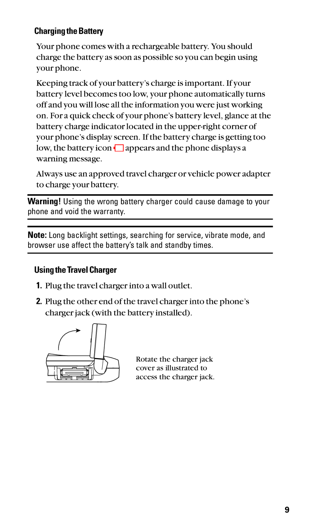 Sanyo Cell Phone manual Charging the Battery, Using the Travel Charger 