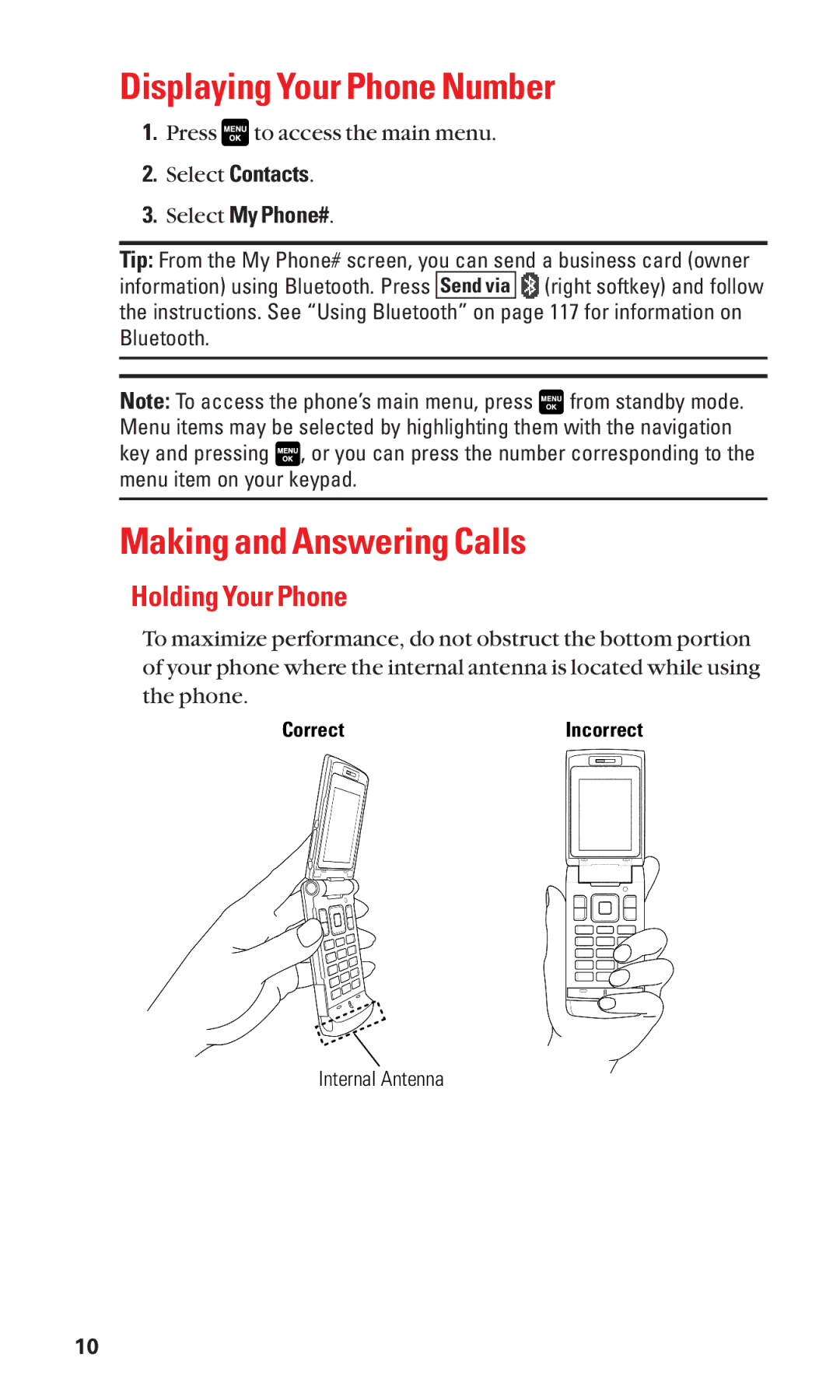 Sanyo Cell Phone manual Displaying Your Phone Number, Making and Answering Calls, Holding Your Phone, Select My Phone# 