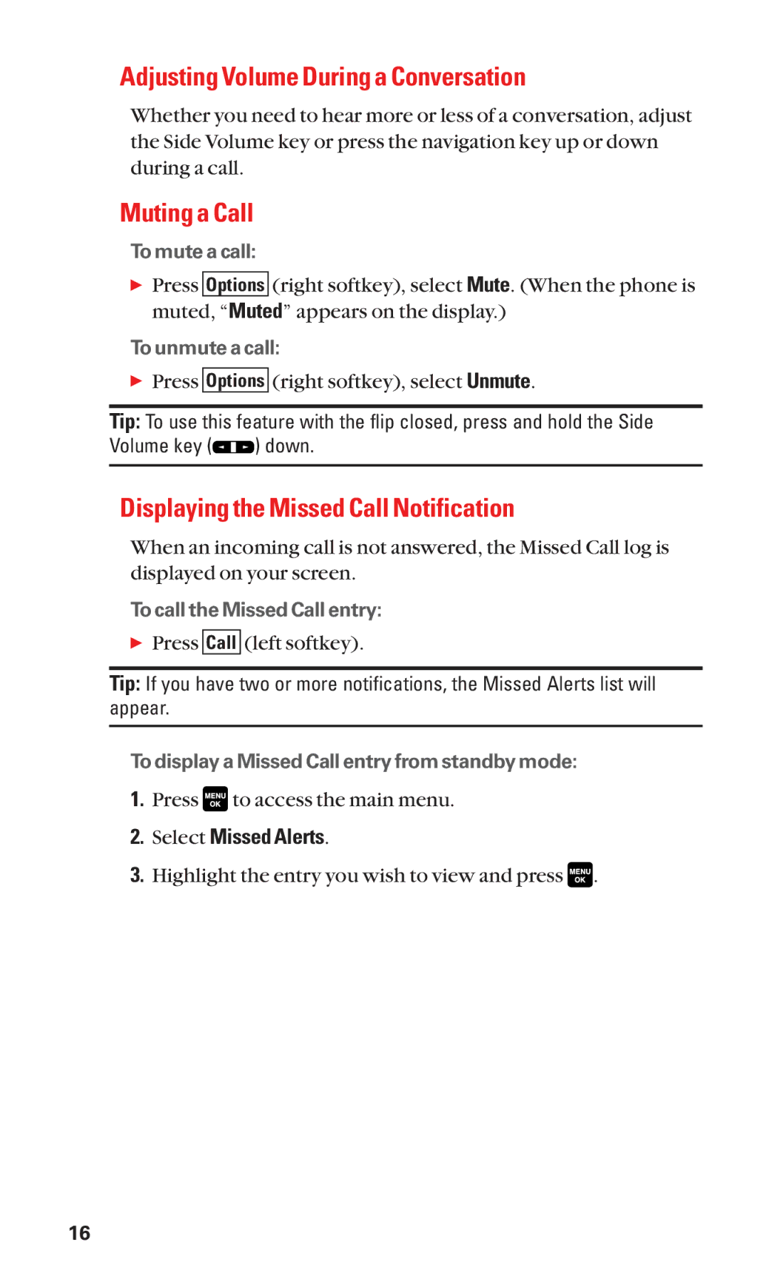 Sanyo Cell Phone manual Adjusting Volume During a Conversation, Muting a Call, Displaying the Missed Call Notification 