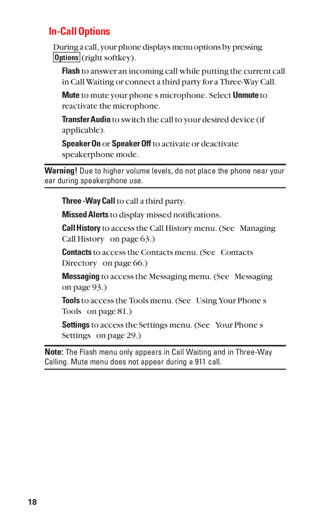 Sanyo Cell Phone manual In-Call Options 