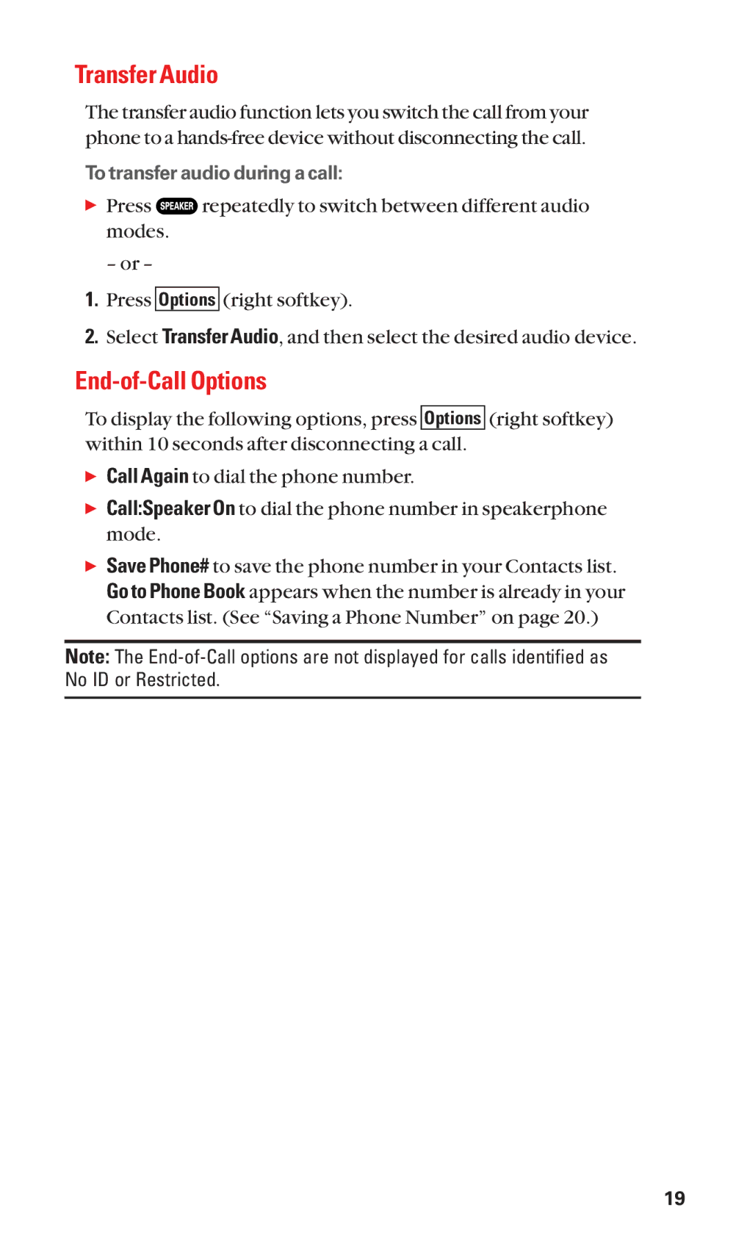 Sanyo Cell Phone manual Transfer Audio, End-of-Call Options 