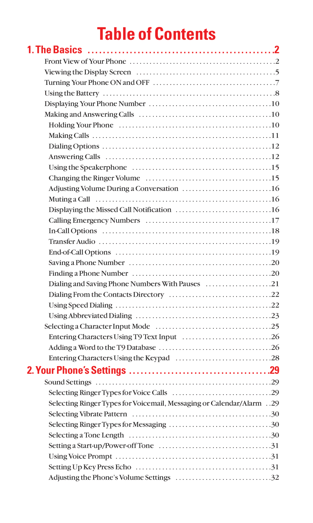 Sanyo Cell Phone manual Table of Contents 