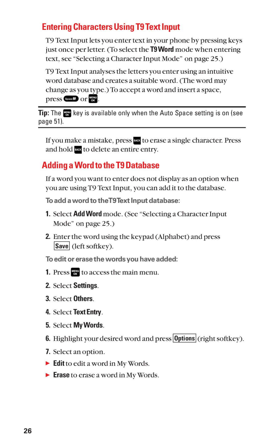 Sanyo Cell Phone manual Entering Characters Using T9 Text Input, Adding a Word to the T9 Database, Select Text Entry 