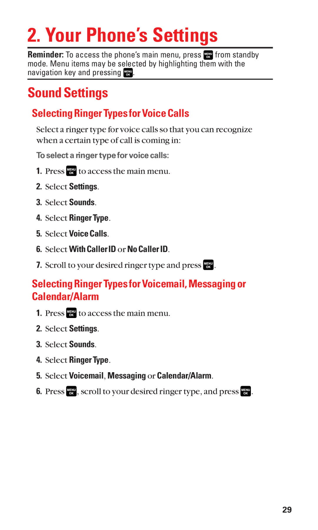 Sanyo Cell Phone manual Your Phone’s Settings, Sound Settings, Selecting Ringer Types for Voice Calls 