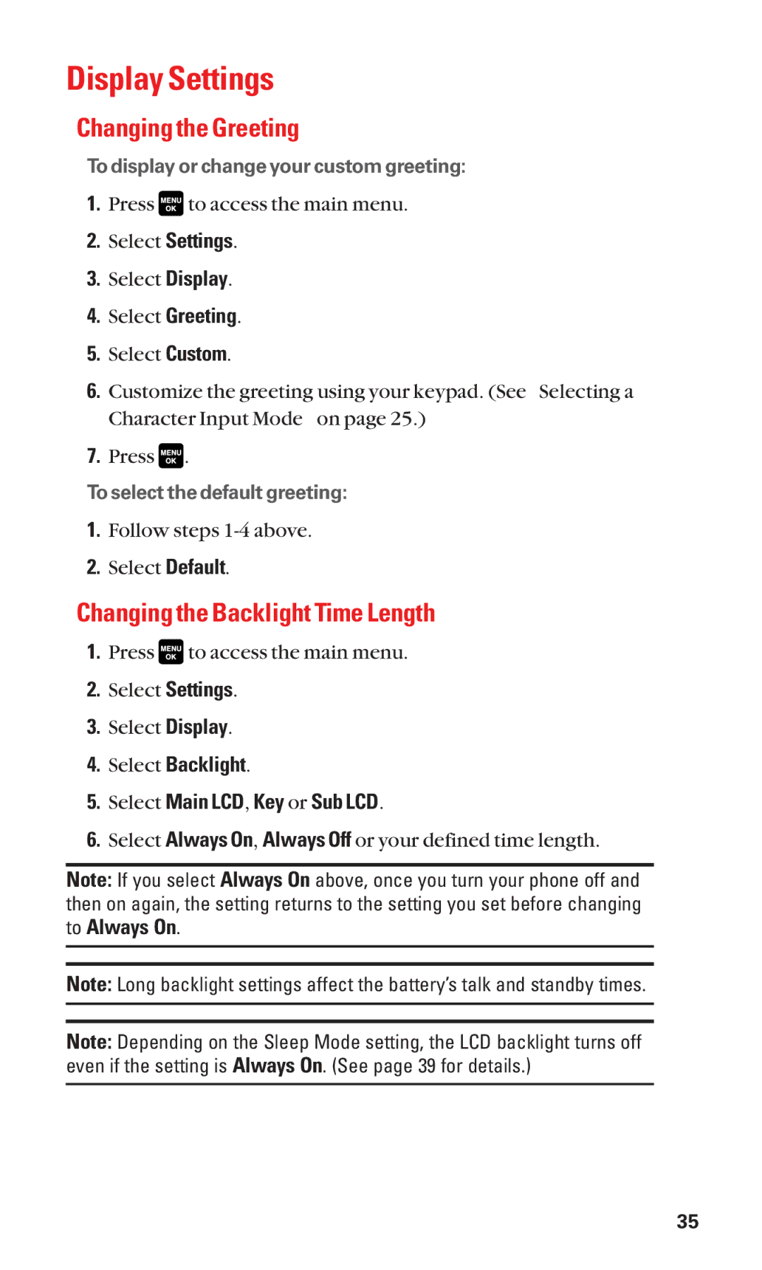 Sanyo Cell Phone manual Display Settings, Changing the Greeting, Changing the Backlight Time Length 