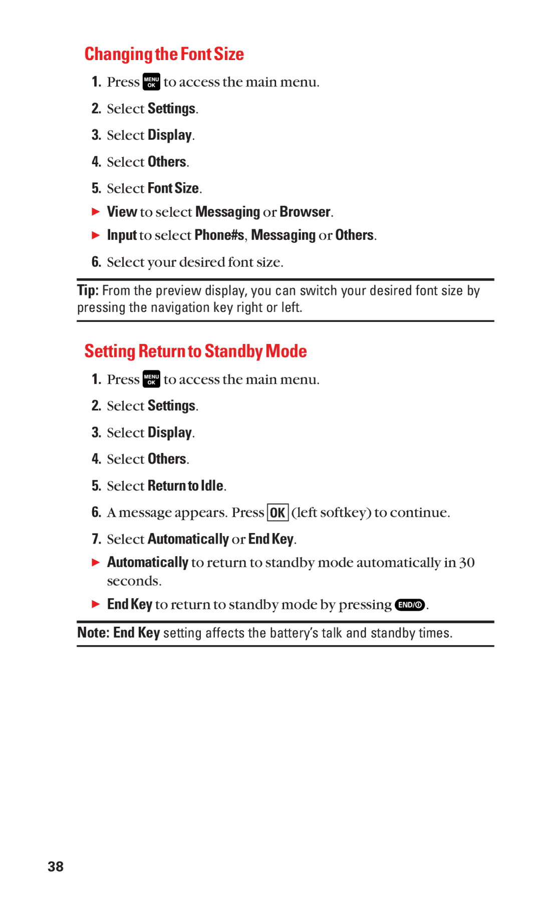 Sanyo Cell Phone manual Changing the Font Size, Setting Return to Standby Mode, Select Return to Idle 