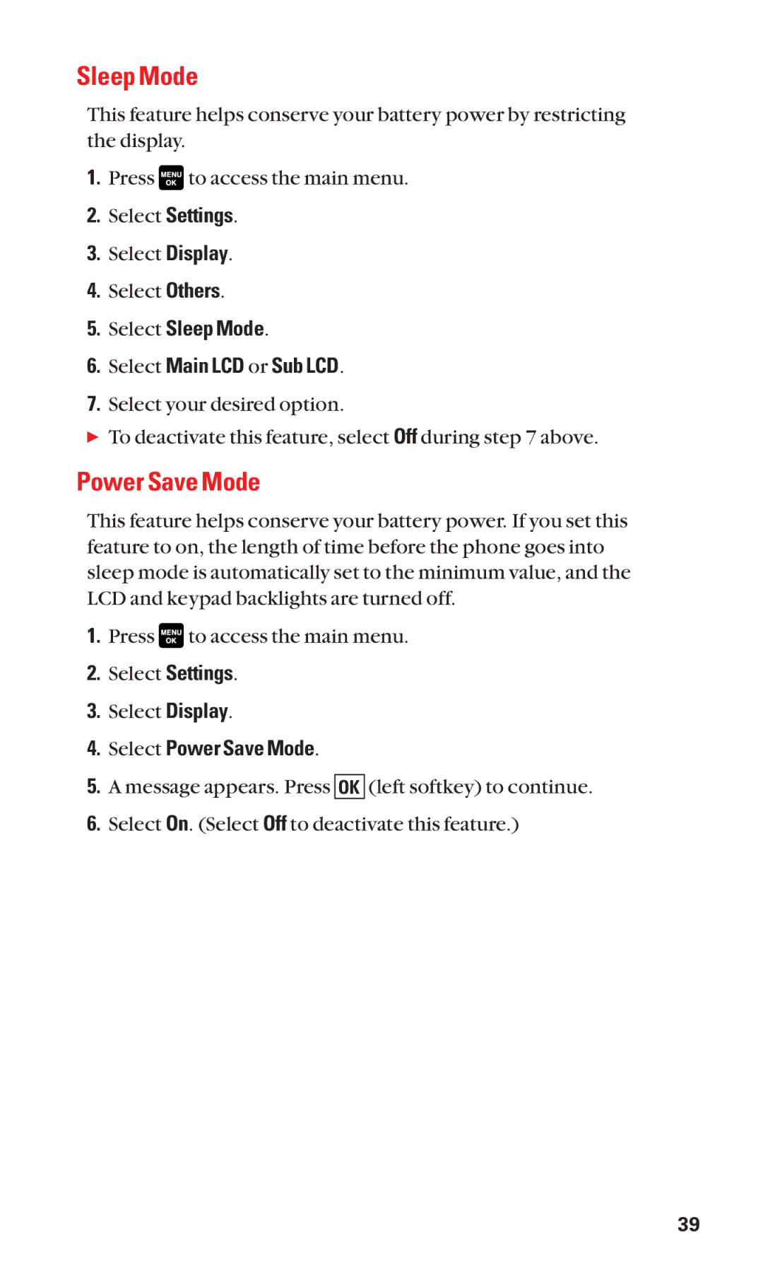 Sanyo Cell Phone manual Select Sleep Mode Select Main LCD or Sub LCD, Select Power Save Mode 