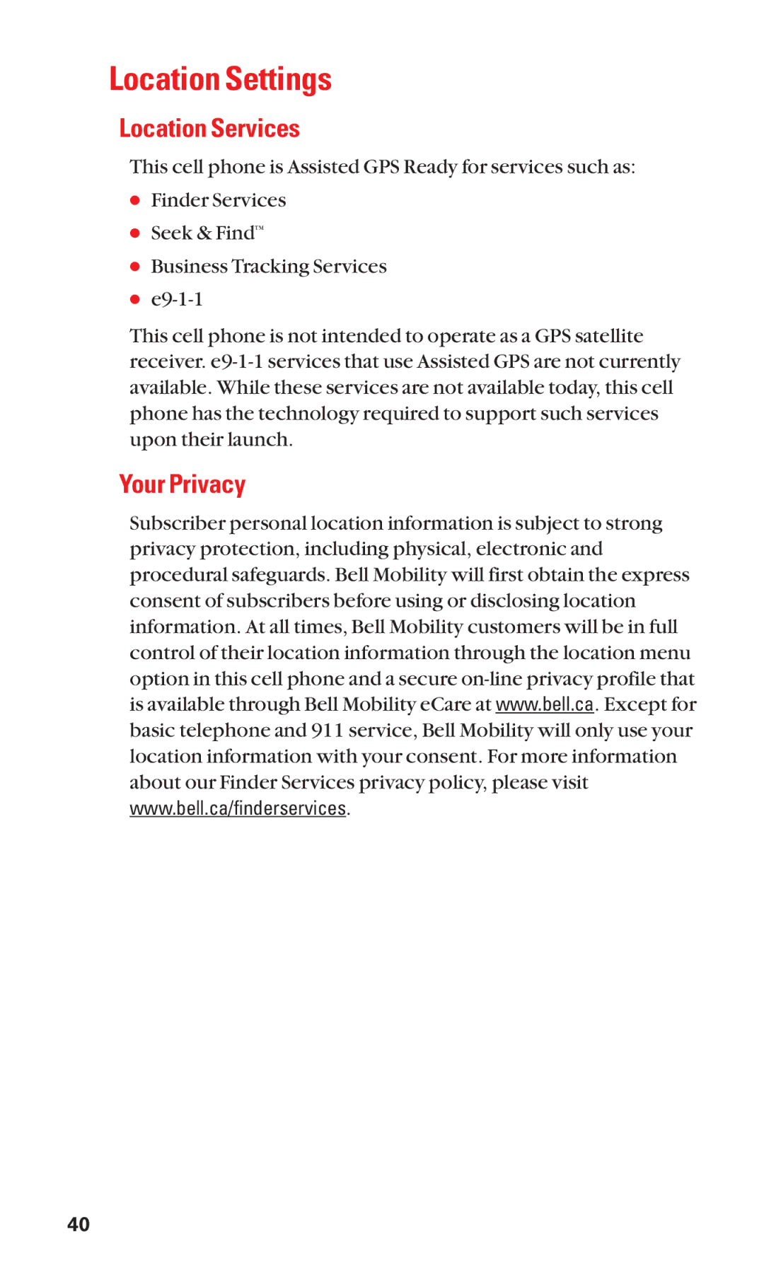 Sanyo Cell Phone manual Location Settings, Location Services, Your Privacy 