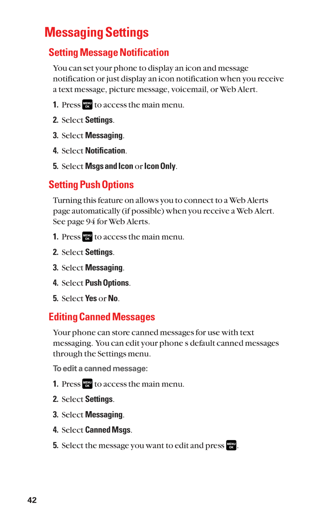 Sanyo Cell Phone manual Messaging Settings, Setting Message Notification, Setting Push Options, Editing Canned Messages 