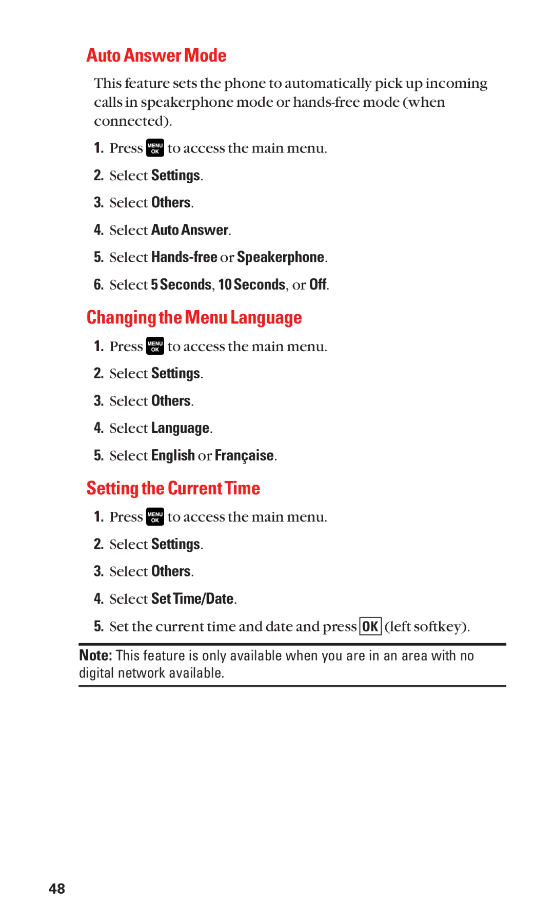 Sanyo Cell Phone manual Auto Answer Mode, Changing the Menu Language, Setting the Current Time, Select English or Française 