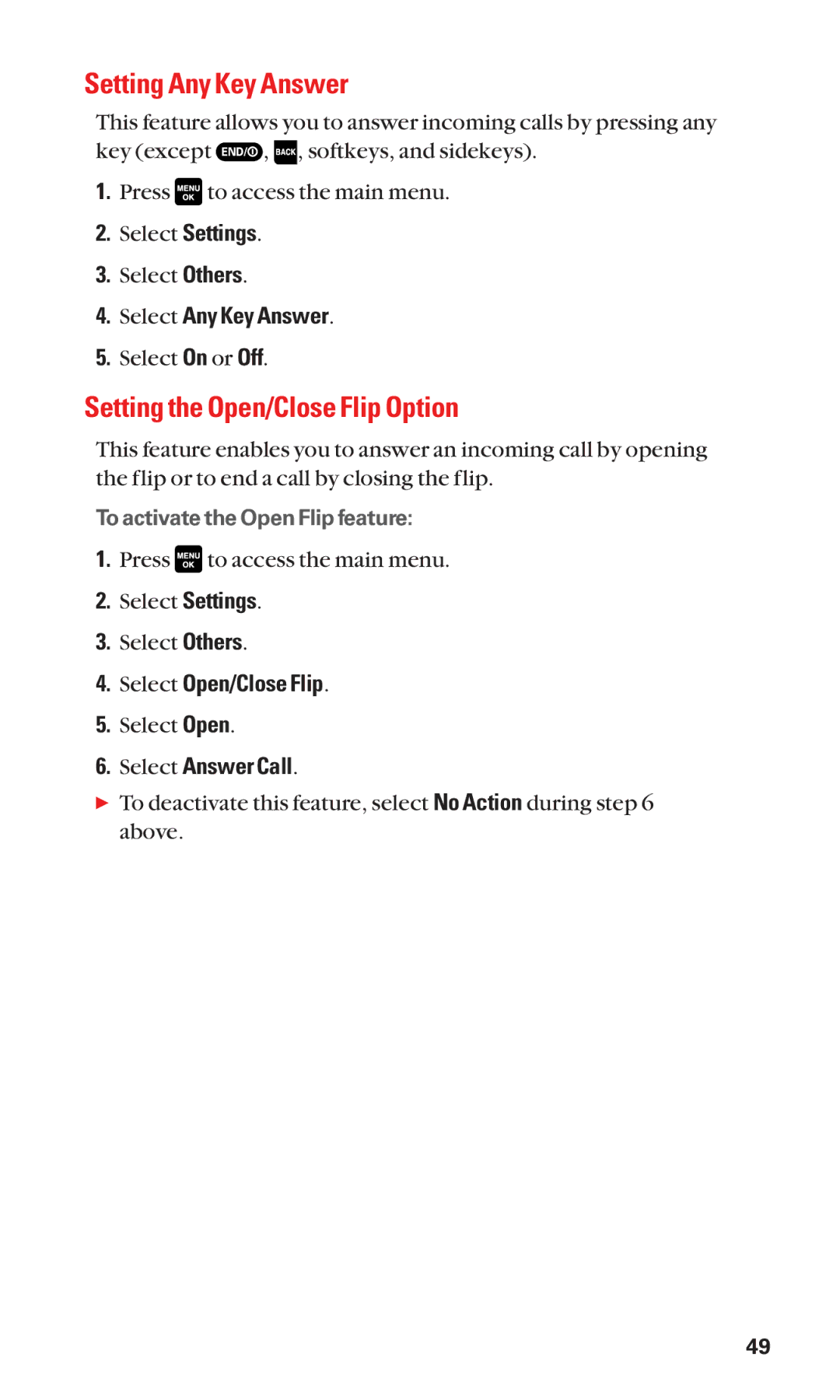 Sanyo Cell Phone Setting Any Key Answer, Setting the Open/Close Flip Option, Select Any Key Answer, Select Open/Close Flip 