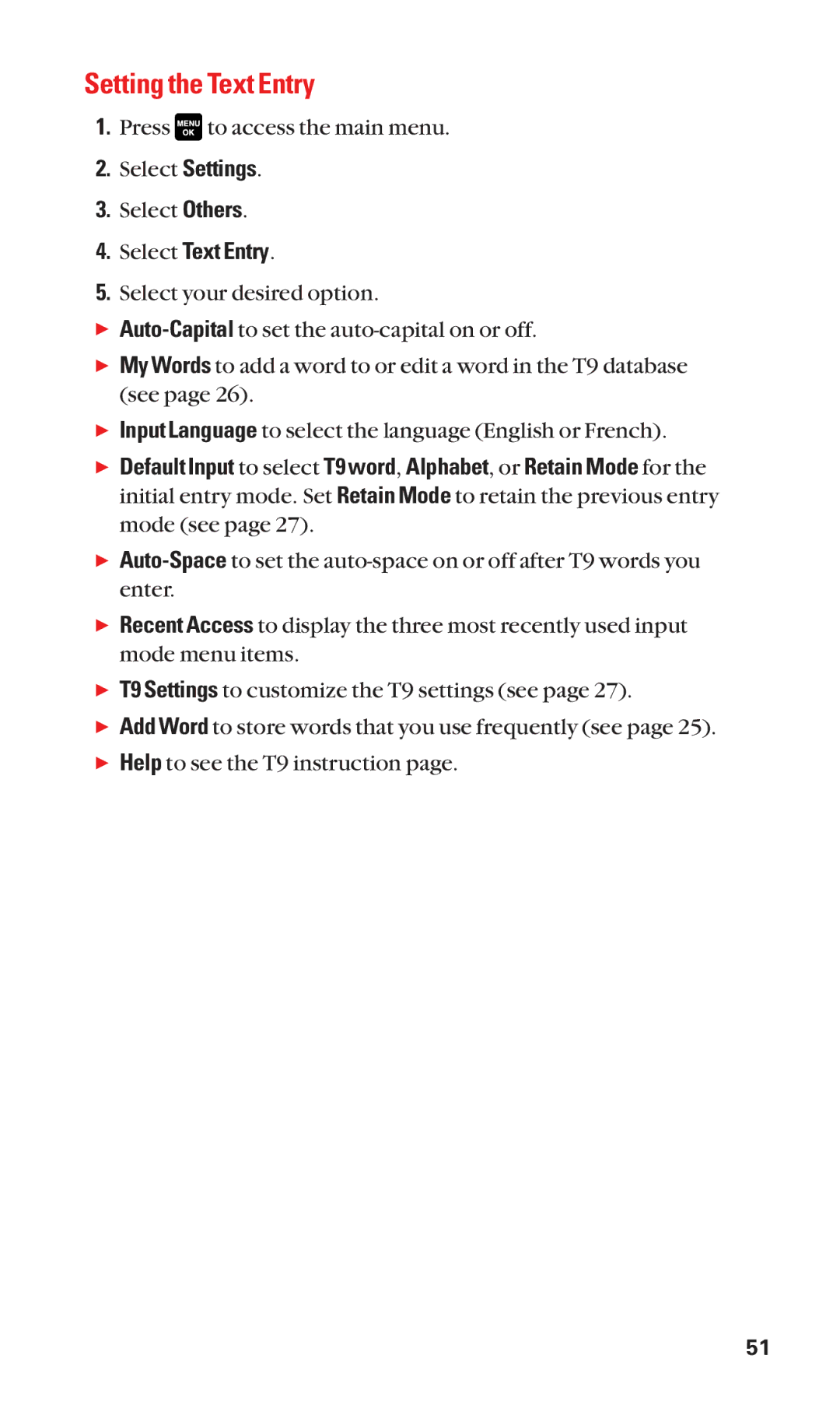 Sanyo Cell Phone manual Setting the Text Entry, Select Text Entry 